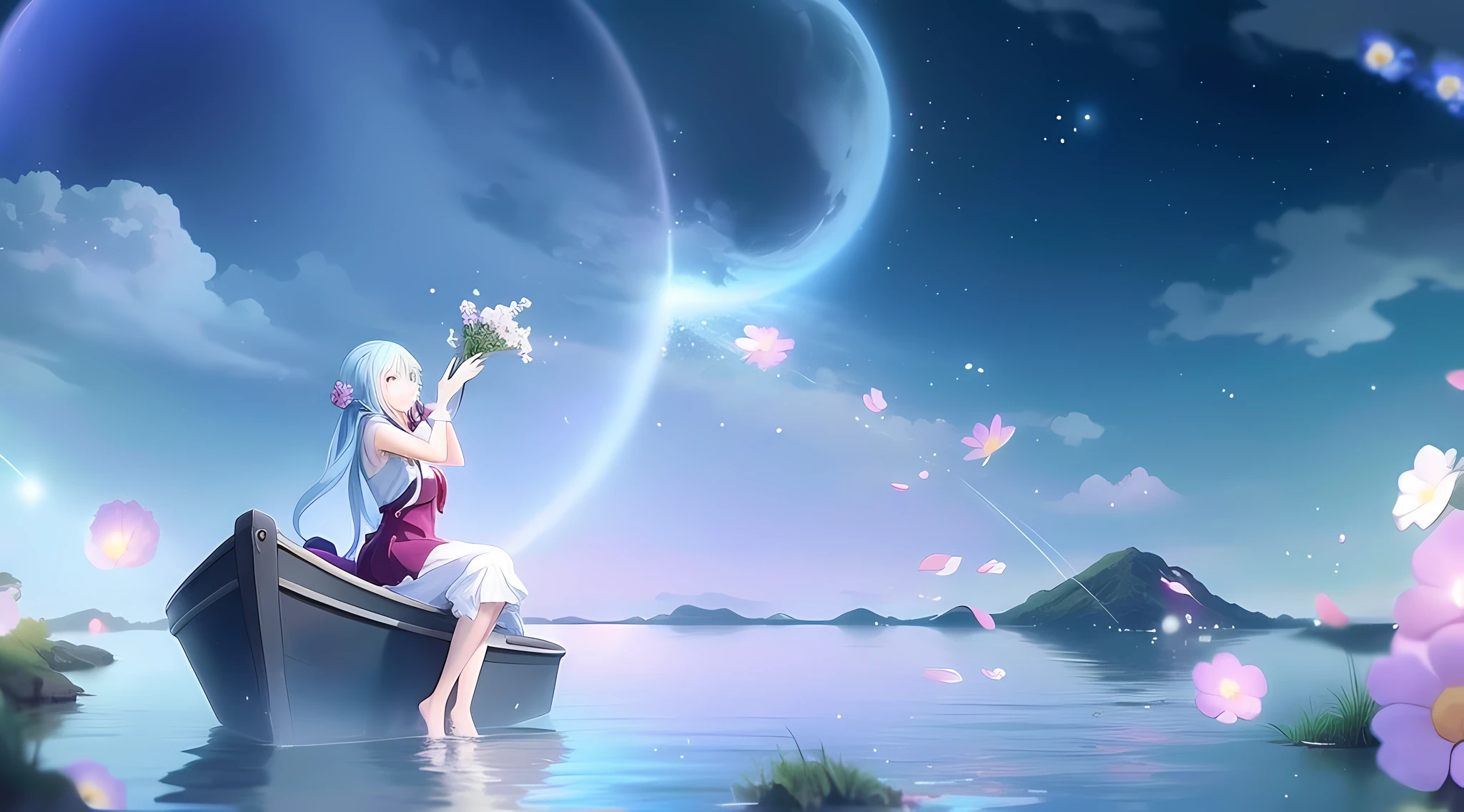 anime girl sitting on a boat in the middle of a lake toss flower , anime beautiful peace scene, ethereal anime, tranquility of the endless stars, wallpaper anime blue water, beautiful fantasy anime, anime background, beautiful anime scene, anime girl walking on water, magical dream-like atmosphere, beautiful anime artwork, anime picture, anime background art, beautiful anime, anime fantasy illustration