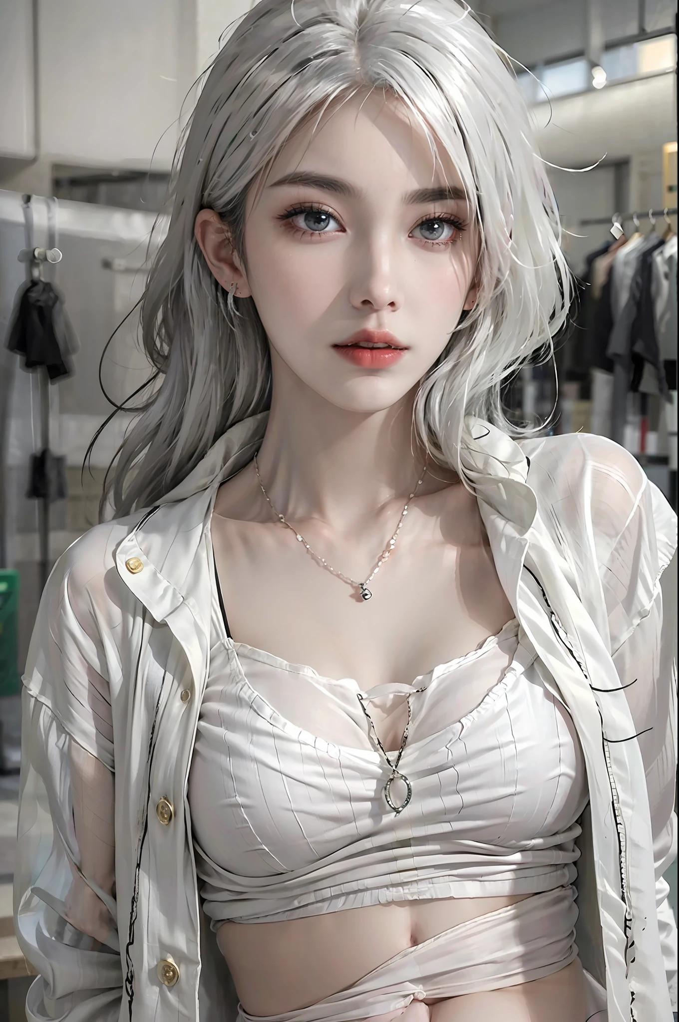 photorealistic, high resolution, 1 girl, hips up, beautiful eyes, white hair, streetwear, bracelets,elegant necklace, elegant diamond earrings, black underwear, seethrough