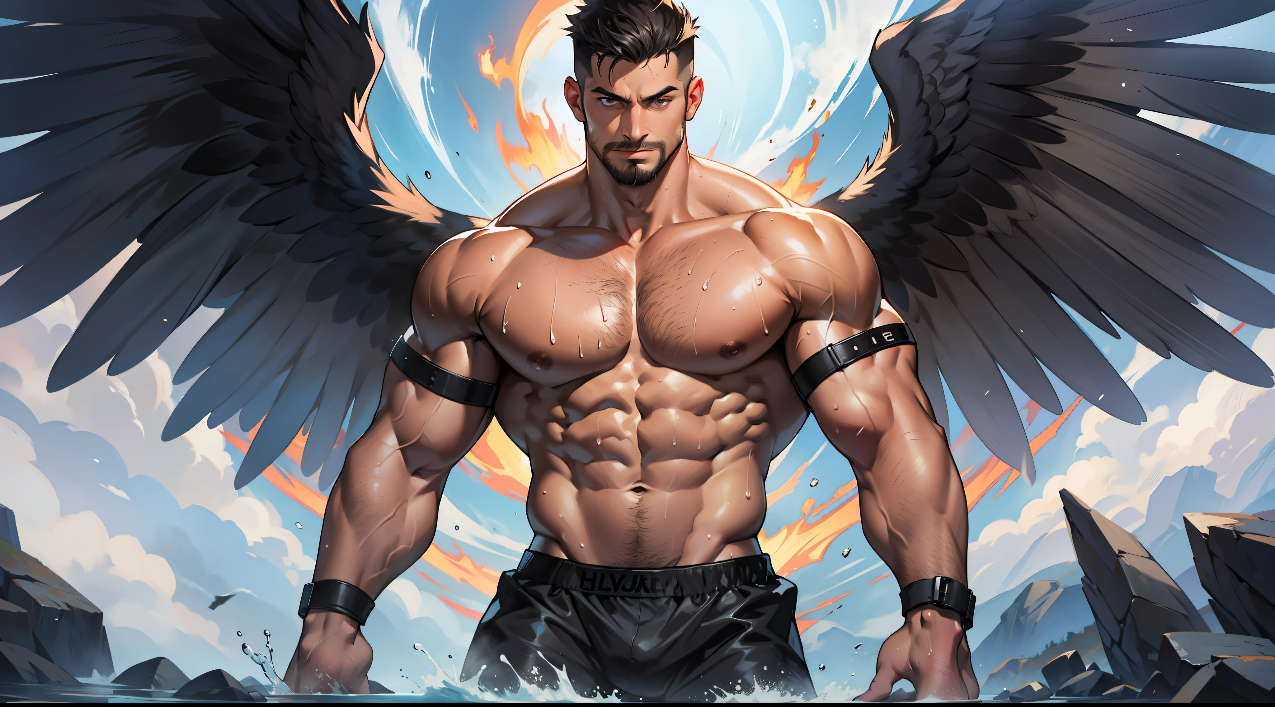 masterpiece, best quality, face, natural eyes, 1man, european, big feet, black socks, (no shoes), full body, large bulge, long legs, looking at viewer, 30 years old, muscled and mature, short haircut, face covered with white fluids, sweating, tight cloth, erecting, smirks, solo, white skin, muscular, muscle man, tall, hunk, big biceps, abs, wide shoulder, open chest, facial hair, black short hair, wet body, wet hair, viewer looking, high resolution:1.2, best quality, full body, flat style, dark sky, a male angel with huge black wings, fire on the ground, dark angel, black wings, tatooed arms, remote camera, walking,