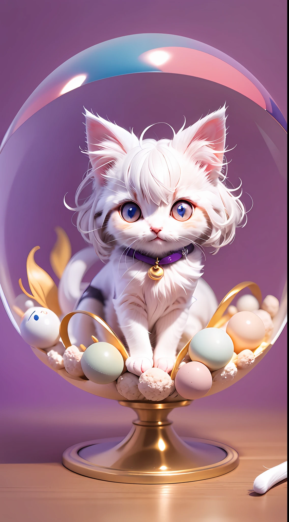 A white-haired kitten,adolable,spherical,cleanness,afloat,shaggy,Big eyes,Non-human,In purple,Simple,ssmile,Funny,Morandi color system,looking to the right,To the right