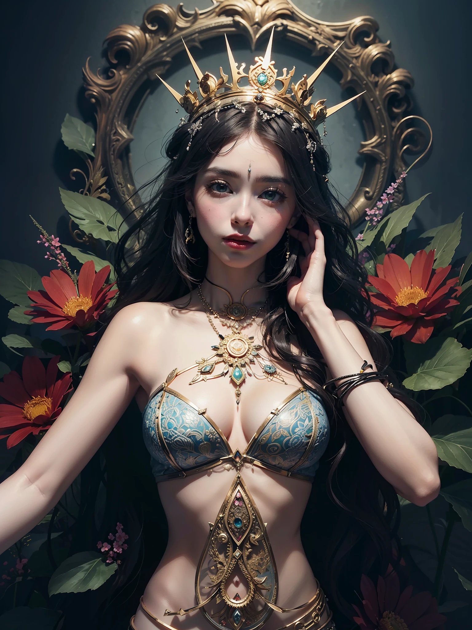 official art, unity 8k wallpaper, ultra detailed, beautiful and aesthetic, beautiful, masterpiece, best quality, (zentangle, mandala, tangle, entangle), (ecstasy of flower:1.2) dynamic angle, cowboyshot, the most beautiful form of chaos, elegant, a brutalist designed, vivid colours, romanticism, atmospheric, action pose, queen