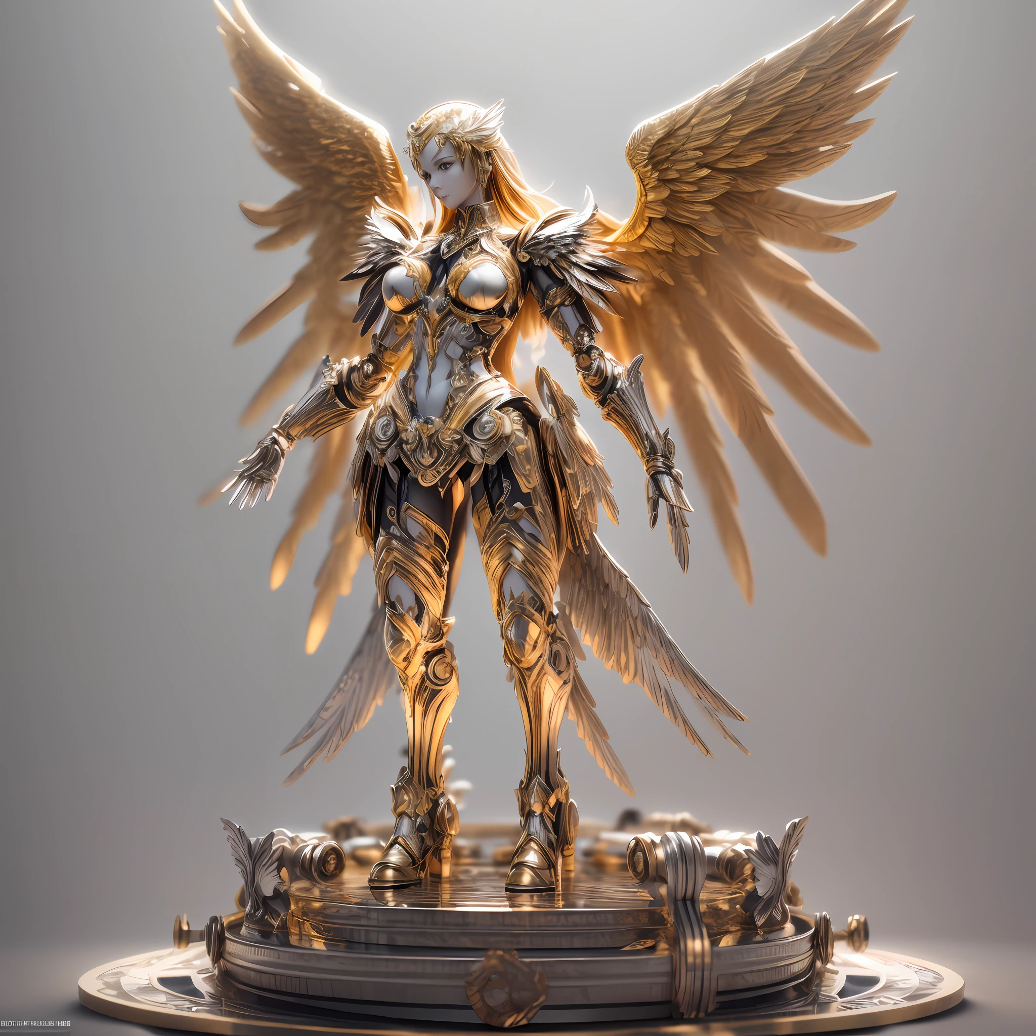(Tilt-Shift:1.4),Mechanical style,Gold Theme,(1 mechanical female angel,anatomically correct,full body, ,golden wings,standing,circular base),Black and white background, (3D render,Best quality, high detailed, Masterpiece, offcial art, Cinematic Lighting, 4K, Chiaroscuro)