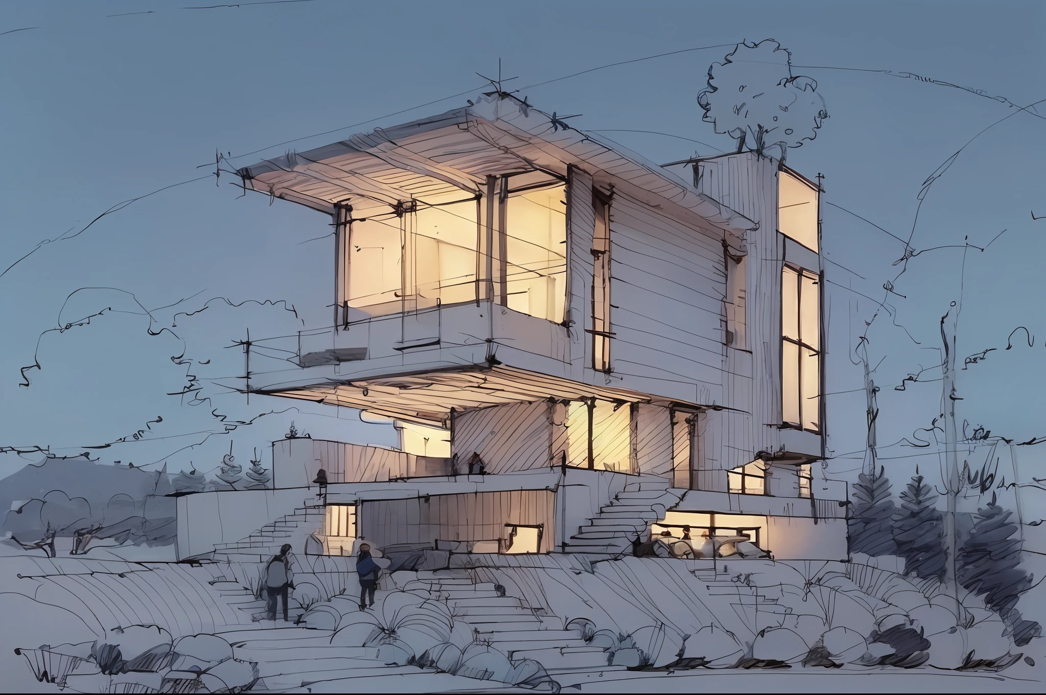 sketch, building, people, car, tall trees, landscape, blue sky, night