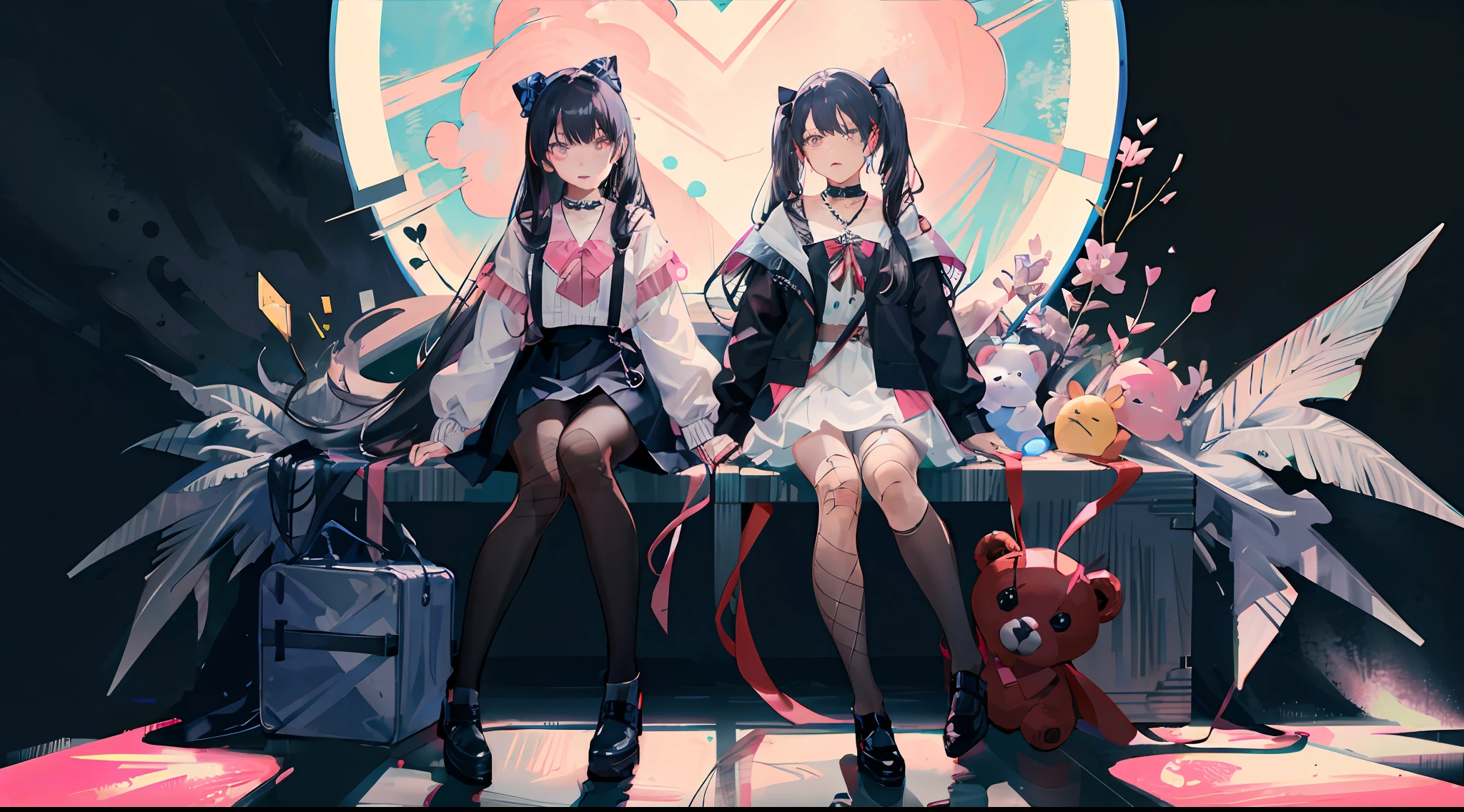 masterpiece, best quality, (jirai_kei),1girl, solo, long_hair, looking_at_viewer, shirt, black_hair, long_sleeves, bow, ribbon, twintails, sitting, monochrome, hair_bow, heart, pantyhose, frills, food, shoes, choker, blunt_bangs, black_skirt, pink_eyes, stuffed_toy, pink_background, stuffed_animal, frilled_skirt, pink_bow, (fishnets), candy, bandaid, pink_shirt, teddy_bear, lollipop, (fishnet_pantyhose), platform_footwear, pink_theme, pill, heart-shaped pupils,