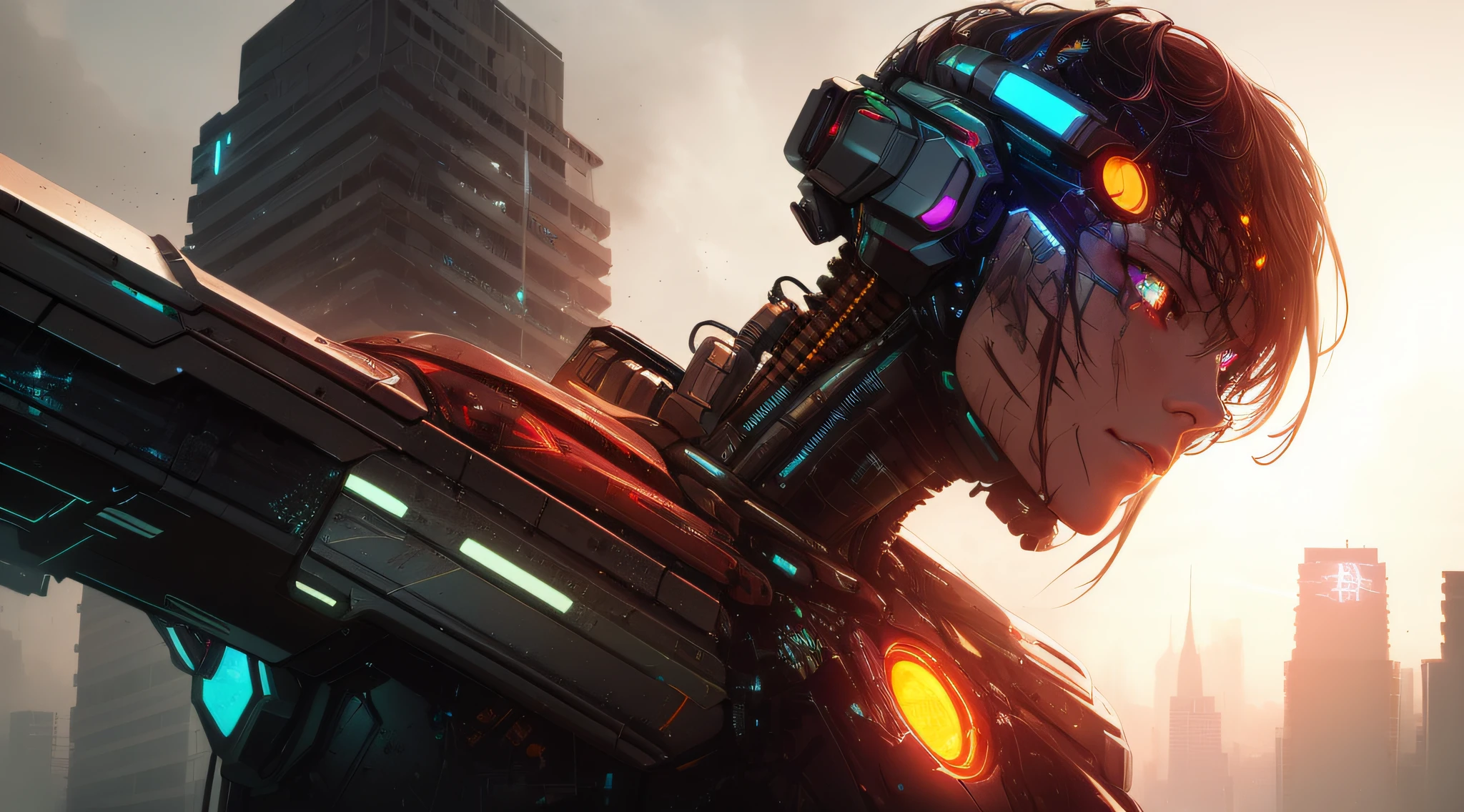 a cyborg robot, lights, scars, refractions, posing, ultradetailed, HD, 8K, highlights, good lighting, the most amazing effect, sci-fi,((art by carne griffiths and sean yoro))