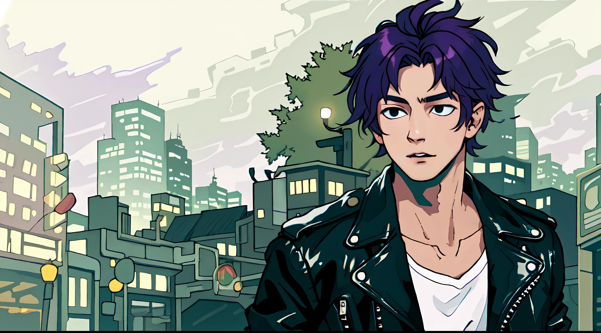 top-quality、Young man with purple hair in leather jacket, ((Deformed)),Night city