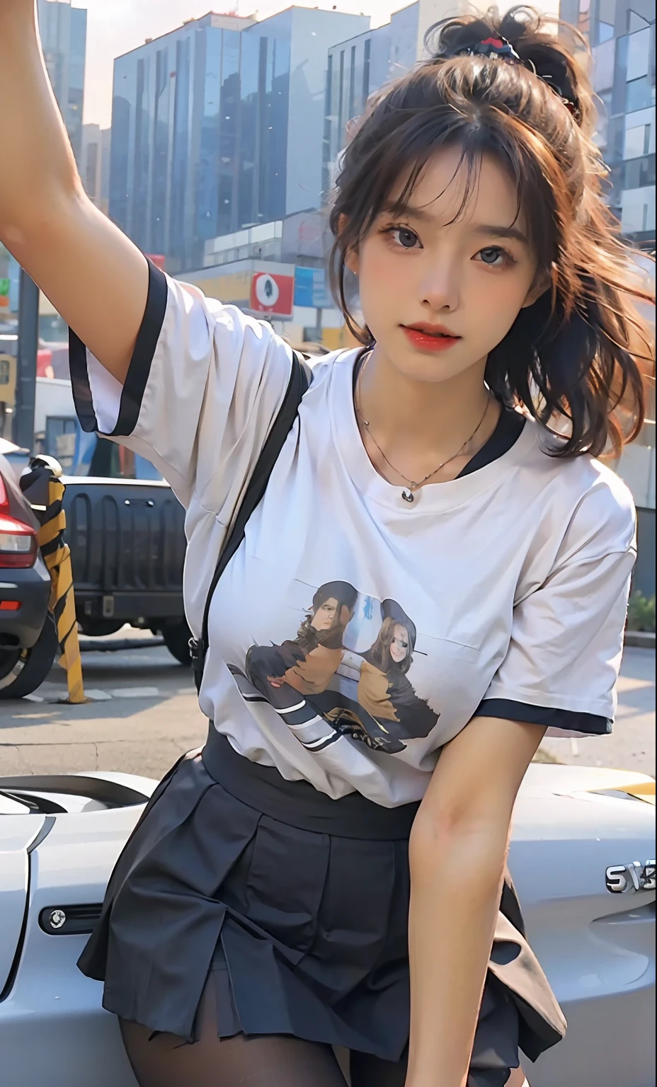 ulzzang-6500-v1.1,(raw photo:1.2), (photorealistic:1.4), beautiful detailed girl, very detailed eyes and face, beautiful detailed eyes, ridiculous, incredibly ridiculous, huge file size, super detailed, high resolution, very detailed, best quality, masterpiece, ((t-shirt)), illustration, very detailed, CG, unified, 8k wallpaper, amazing, fine details, masterpiece, Best quality, very detailed CG uniform 8k wallpaper, face light, movie lighting, 1girl, 16 years old, long white hair, side split, (big breasts), (no panties)), (glasses), (dynamic pose), (sexy pose), ((camel toe))), (half), (pantyhose)), ((black hip skirt)), (bent knees))))))