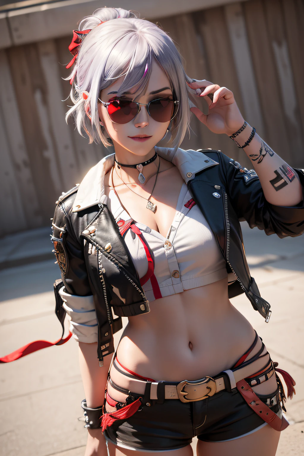 (highly detailed:1.3),
1girl, solo,
senti, red eyes, (light smile:1.3), (white shirt:1.3), (punk oufit, jacket, shorts, sunglasses,ribbons:1.6), (cowboy shot:1.2), (necklace:1.2), (arms behind back:1.3),
Ultra-detail, (highres:1.1), best quality, (masterpiece:1.3), cinematic lighting,
(highly detailed face and eyes:1.3),