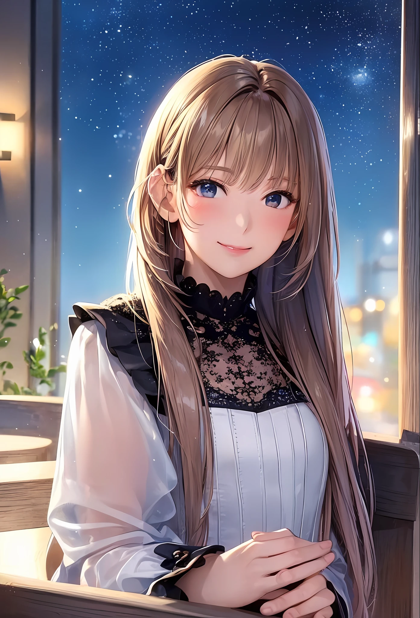 (8k, top quality, masterpiece: 1.2), (realistic, photorealistic: 1.37), super detailed, girl single, cute, solo, midnight, beautiful detailed sky, detailed café, sitting, date, (blush), (smile: 1.15), small breasts (mouth closed), beautiful fine eyes, floating hair NovaFrogStyle, back open dress