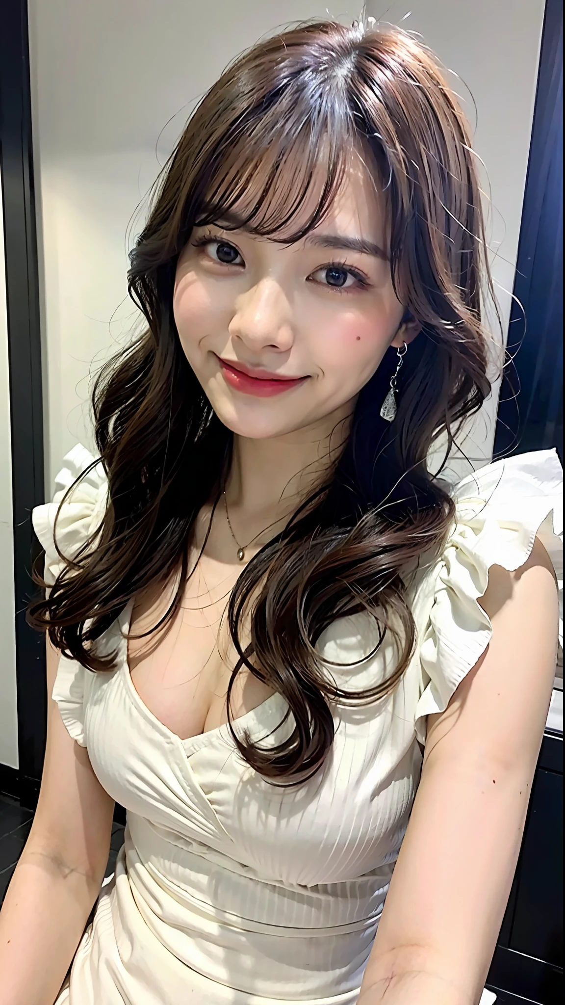 (top-quality、8K、32K、masterpiece、nffsw:1.2)、Cute Japan pictures of married girls、18year old、bobhair、White blouses、A smile、beauitful face、(Slouched:1.3)、crouching down、(From above:1.2)、(a closeup:1.4)、POV、large full breasts、(beautiful nipple slips:0.9)、Inside the love hotel、the wind、shinny skin、blurry backround、