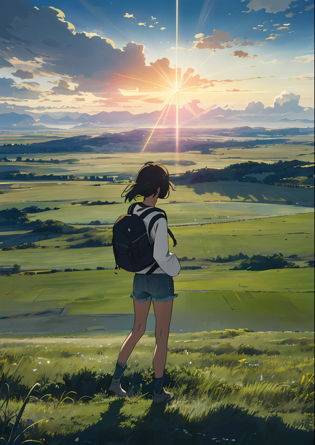 The vast sky, beautiful skyline, large grasslands, extremely tense and dramatic pictures, moving visual effects, the high-hanging Polaris, and colorful natural light. Long-sleeved top, denim shorts, and a girl with a backpack.