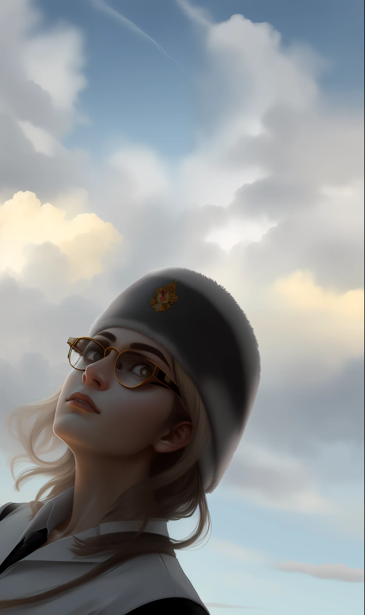 ((melhor qualidade)), ((obra-prima)), ((detalhado)). Uma garota de oculos redondo, looking at the camera, camisa de estudante, qualquer colar de ferro que seja bonito, clouded skies, with Russian Soviet hat ushanka, bebendo vodka, beautiful sky