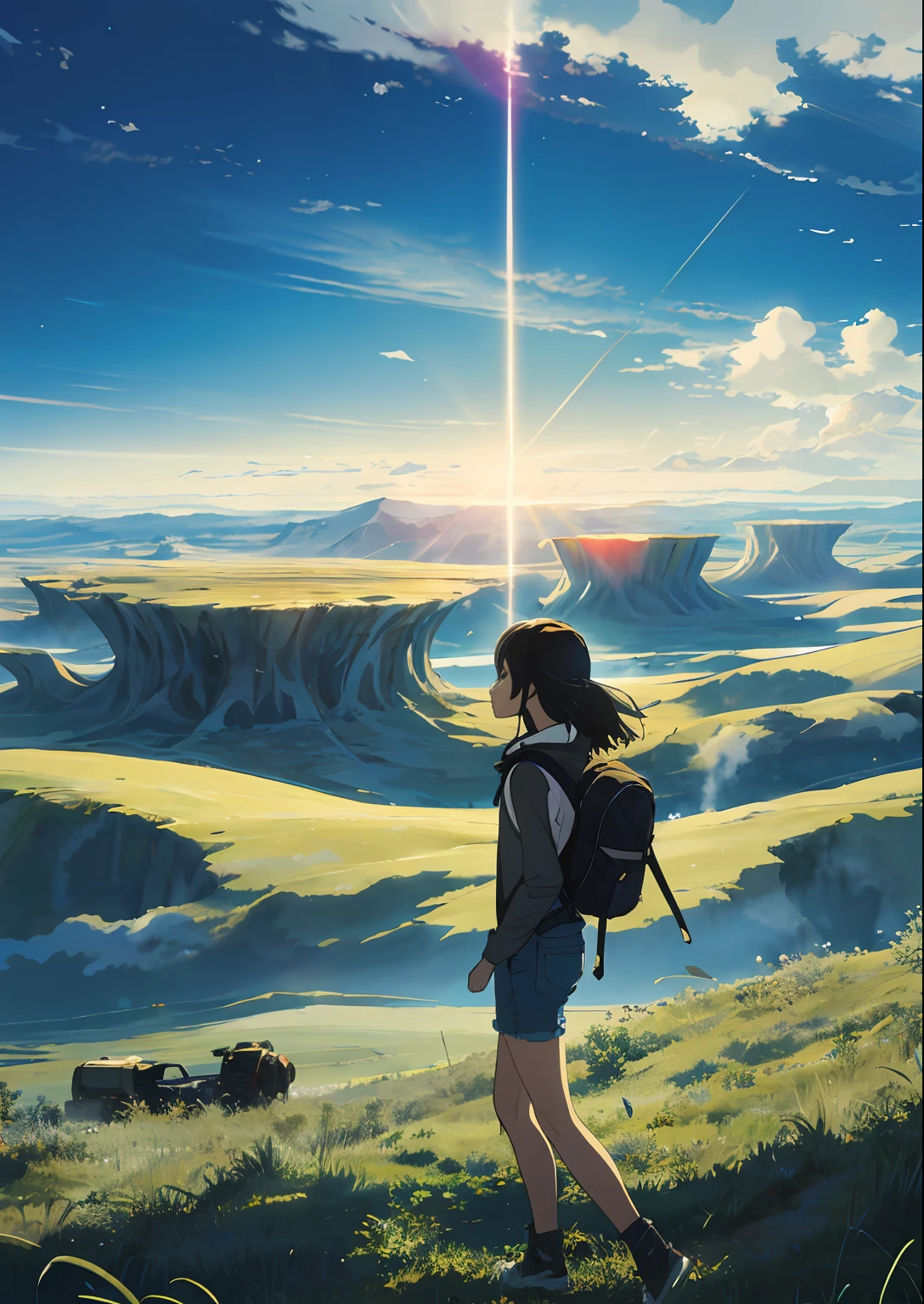 The vast sky, beautiful skyline, large grasslands, extremely tense and dramatic pictures, moving visual effects, the high-hanging Polaris, and colorful natural light. Long-sleeved top, denim shorts, and a girl with a backpack.
