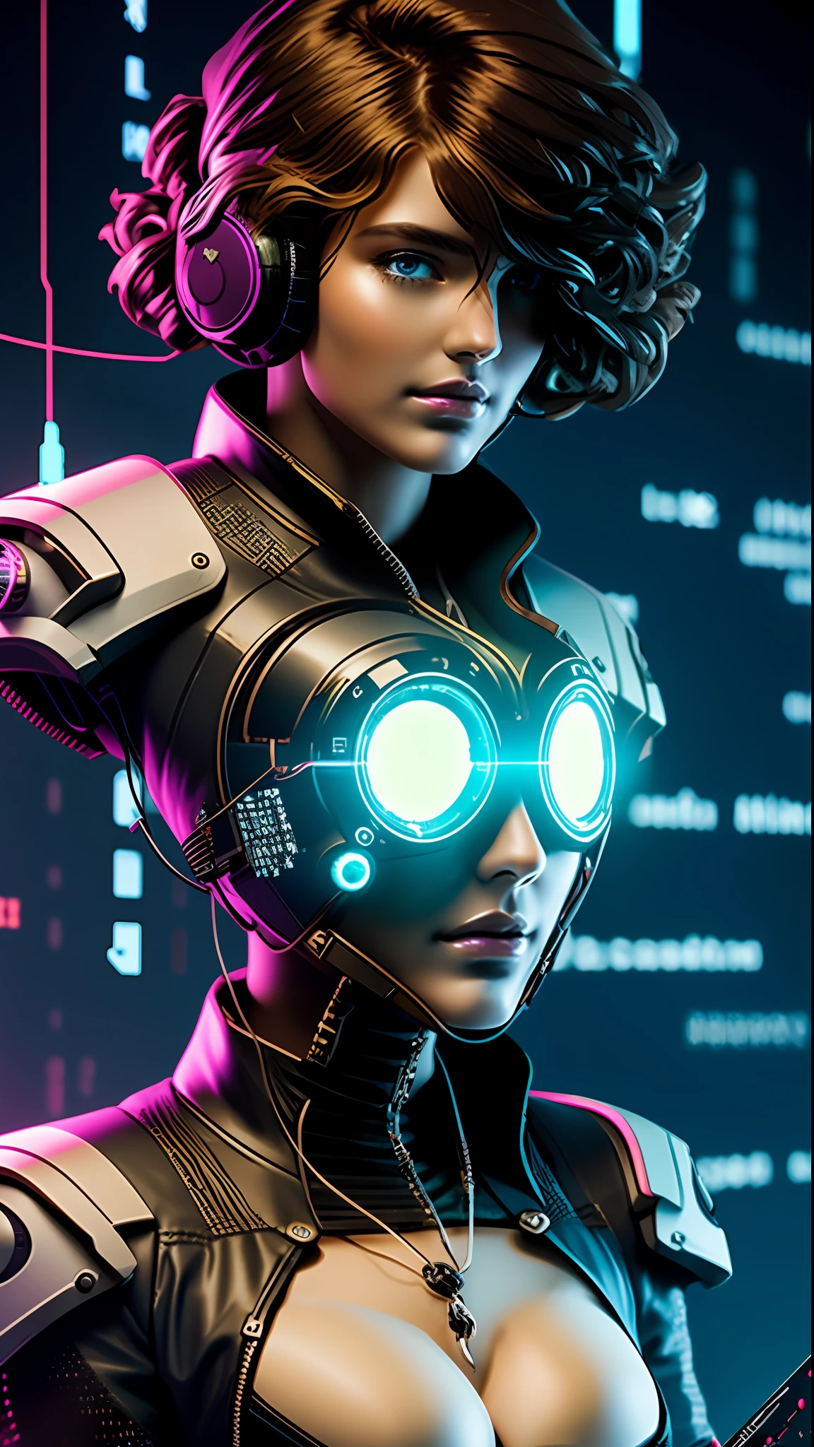 ((best qualtiy)), ((tmasterpiece)), (The is very detailed:1.3), 3D, big breasts beautiful (cyber punk perssonage:1.3) Hacker woman with shaggy hair operating a computer terminal