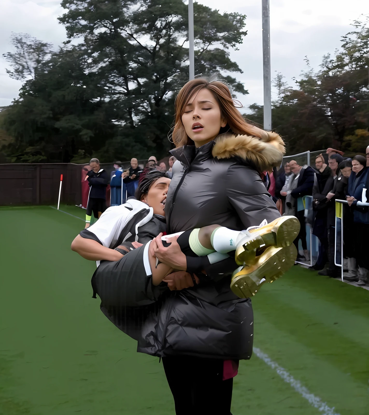 soccer action pose, affection pose, lecherous action pose, dramatic action pose, theatralic pose, there is an attractive woman that is carrying a suffering sportsman, there is a beautiful woman in a very very shiny waterproof coat who is carrying a consciousless and shorthaired man in her arms, a longhaired beautiful woman in a high-shine black puffy coat, a longhaired woman in a shiny downcoat, a woman is carrying a shorthaired man who is wearing matte cotton shorts and a matte cotton t-shirt, a weak man in matte cotton sports shorts is consciousless and needs to be carried, a shorthaired man with closed eyes is carried in the arms of a longhaired woman, a woman looks very scared and terrified, a consciousless man with closed eyes is suffering very much and has a very painful face, photo, photo shoot, photographed , accident, help, aid, first aid, pity