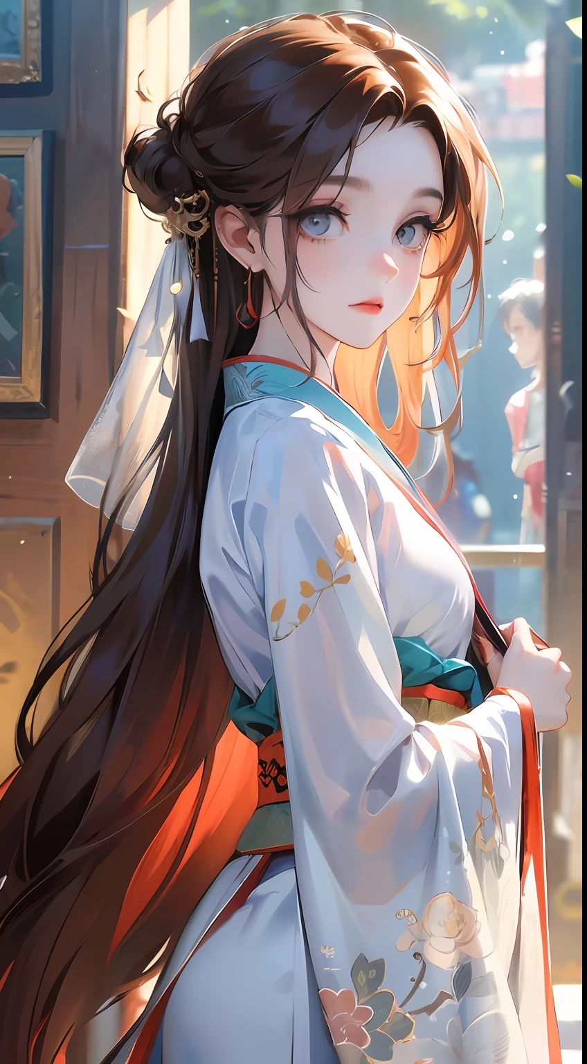 Best quality at best,tmasterpiece,illustratio,an extremely delicate and beautiful,The is very detailed,CG,unity,8k wallpaper,astounding,finely detailled,tmasterpiece,Best quality at best,offcial art,Very detailed CG unity 8k wallpaper,absurderes,Incredibly Ridiculous res,hugefilesize,ultra - detailed,A high resolution,The is very detailed,Beautiful detailed girl,very detailed eyes and faces,beatiful detailed eyes,light in face,(Hanfu:1.1),1girll,full bodyesbian,full bodyesbian,shot of,,tmasterpiece,1girll,独奏,brunette color hair,white dresses,,white thighhig,lake,dampness