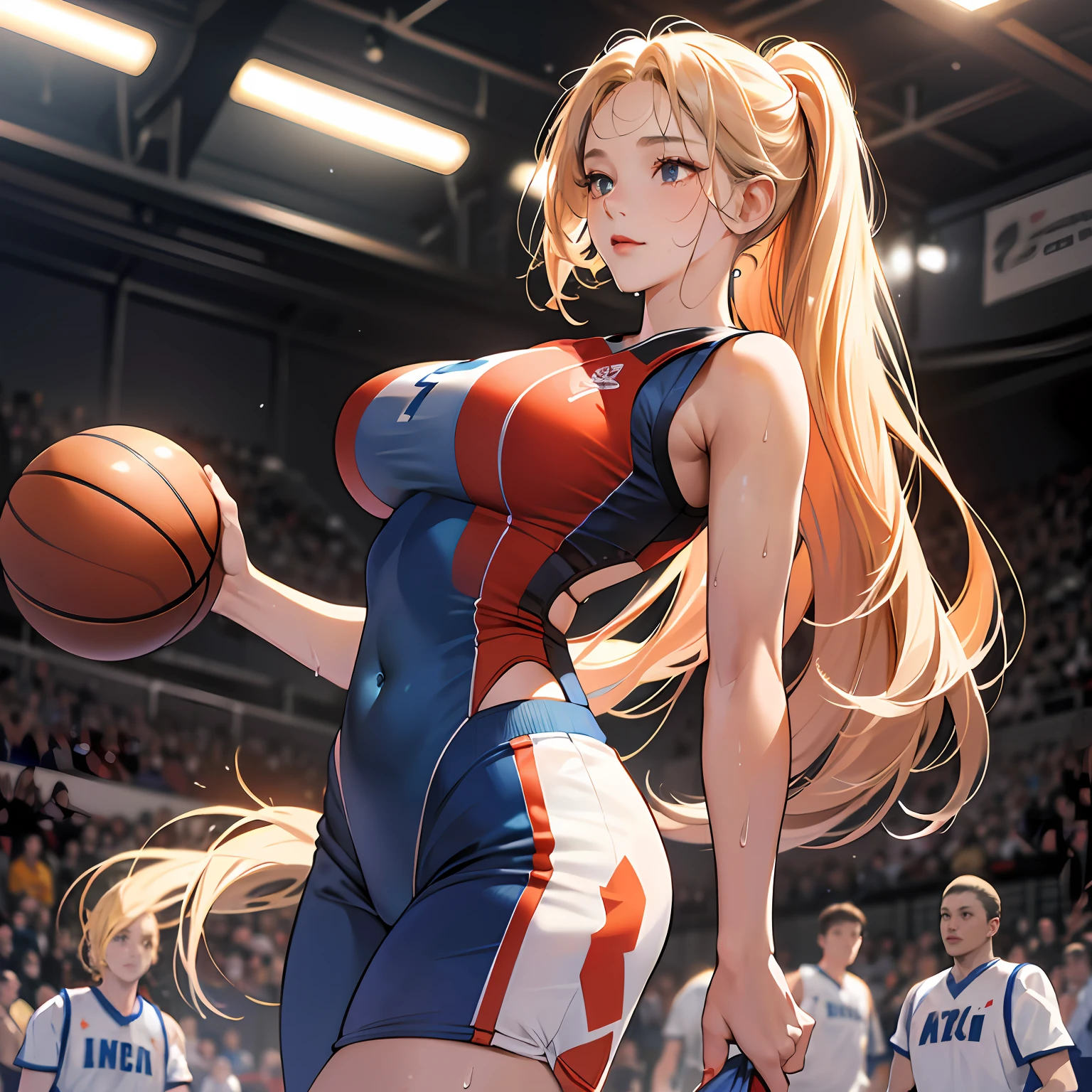 Masterpiece: 1.2, best quality), realistic, (real picture, rich details details, depth of fields), (1girl, solo), ssmile,exquisite facial features,s the perfect face,makeup, high detail, perfect face shape, (big breasts: 1.4), (skindentation ), thick thight, Wide hips, big breasts thin waist, Tall guy, coral, Redlip, red - eyed, horse tailed,((((Girl playing basketball, Transparent blue basketball suit)))), (sweat leggs: 1.2), (dampness), Raised sexy, Be red in the face,Sweaty,(Huge breasts:1.2),Multiple people are playing basketball --auto