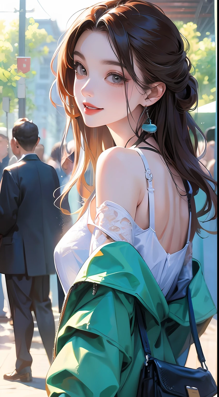 best quality, masterpiece, ultra high res, photorealistic, 1girl, offshoulder, smile