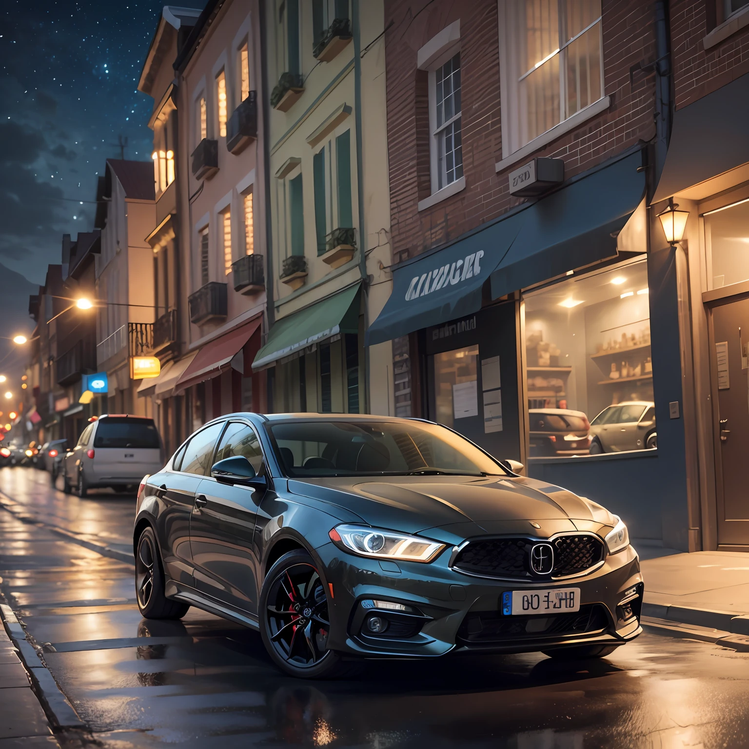 figura realiza de um homem desanimado, ao lado de seu carro esportivo, In the background a night town scenery -- realistic image -- Full HD