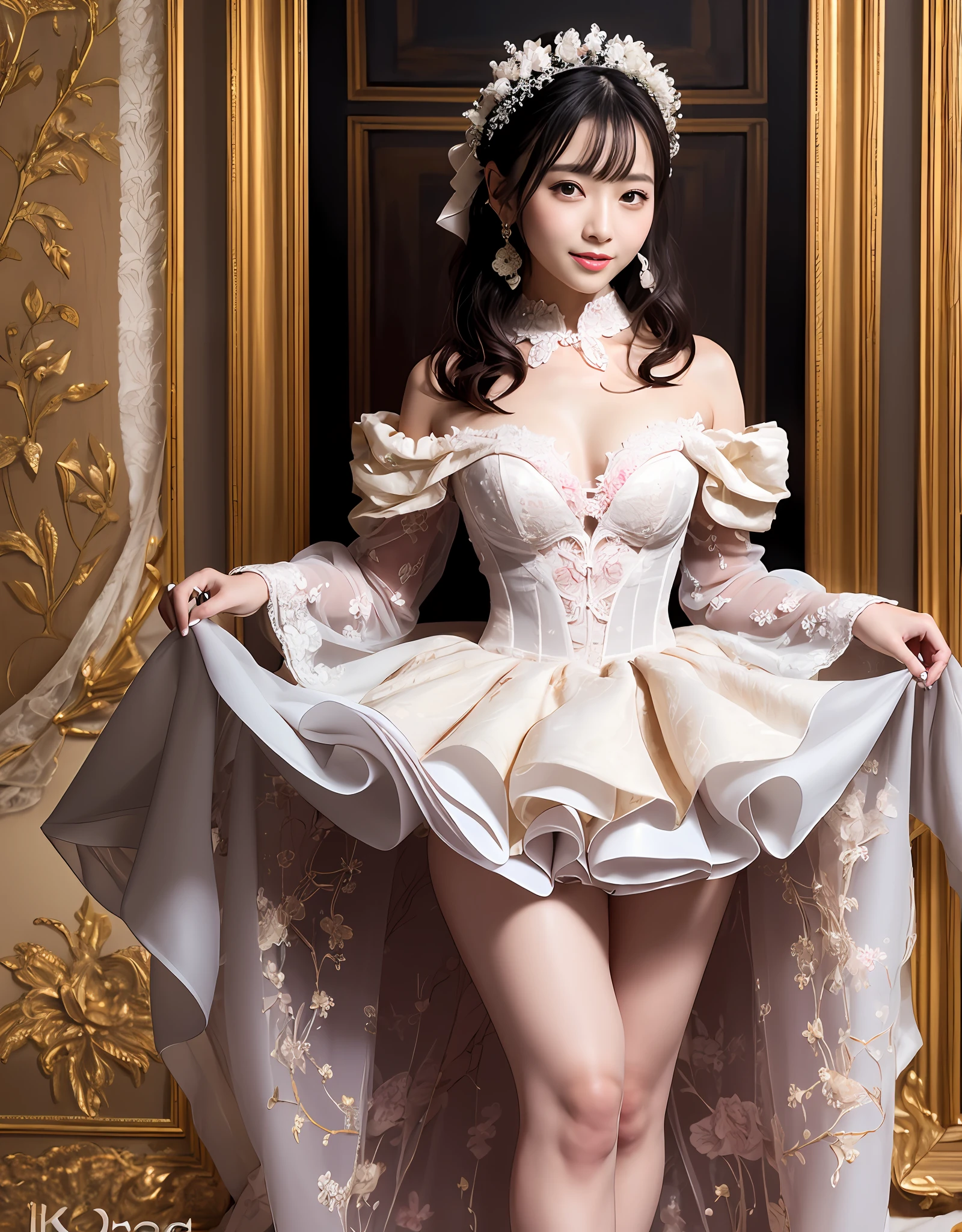 Japan woman with black hair、Unity 8k Wallpapers、ultra-detailliert、Beautiful body、Beautiful fece、​masterpiece、top-quality、The soft, Warm atmosphere, The warm, romantic, Blissful, literary, art by, lo fashion, Victorian、ornamented, with an intricate, Ironwork, White lace,Satin fabric、off shoulders、 Tucking skirt、Tiered skirt、(Overskirt)、weddingdress, (Princess Line)、Pink ruffled dress、 emotional depth, Supernatural, Lovely smile,Perfect fingertip、Standing figure、(portrait of a full body)，perfect hand、Feminine sexy pose