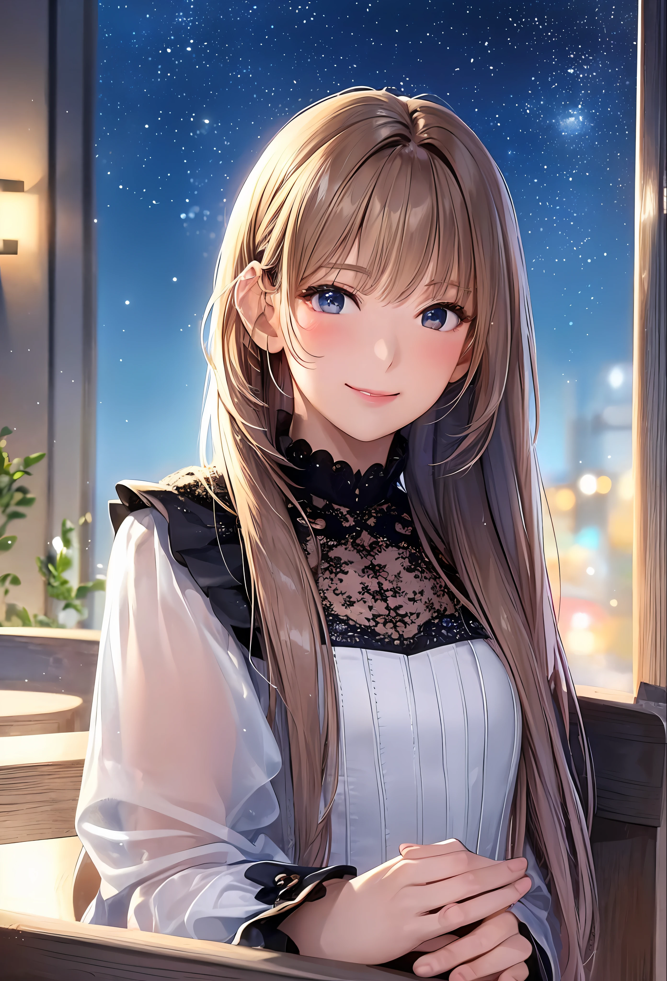(8k, top quality, masterpiece: 1.2), (realistic, photorealistic: 1.37), super detailed, girl single, cute, solo, midnight, beautiful detailed sky, detailed café, sitting, date, (blush), (smile: 1.15), small breasts (mouth closed), beautiful fine eyes, floating hair NovaFrogStyle, back open dress