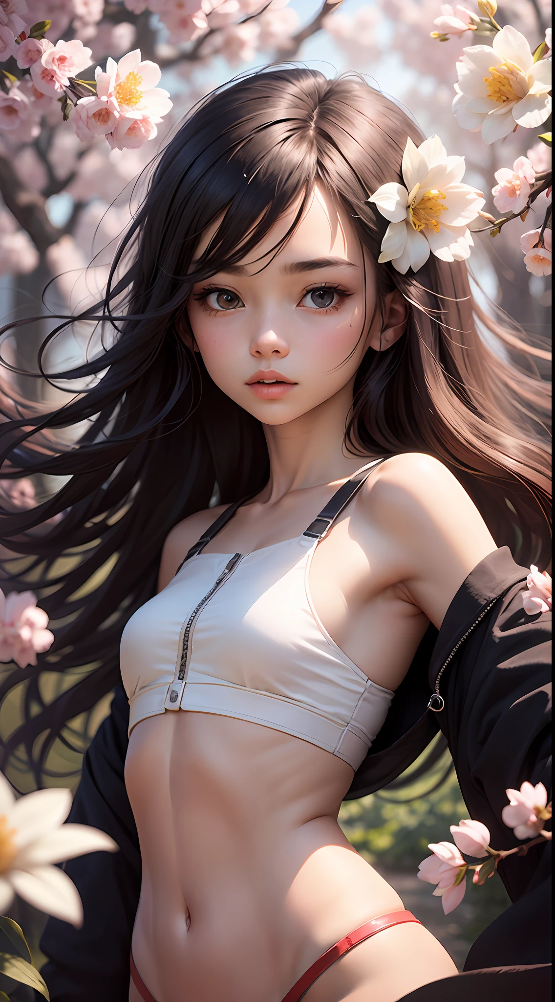 1 girl，petite，realisticlying， The upper part of the body， Realistis，flowering trees，Floating hair， Detailed face