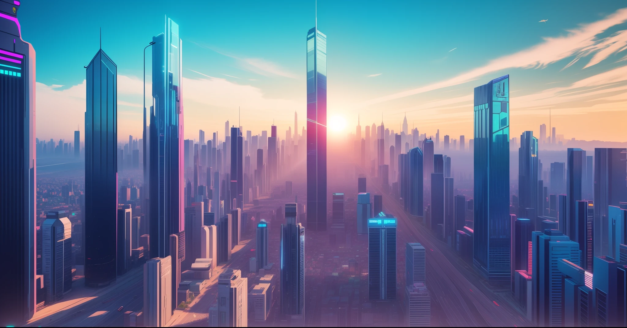 Bright city skyline，Skyscrapers and bright sunshine, synthwave city, style hybrid mix of beeple, artgem and beeple masterpiece, recusion beeple, in the style of beeple, beeple!!, beeple colors, cinematic beeple, Inspired by Beeple, beeple | --auto
