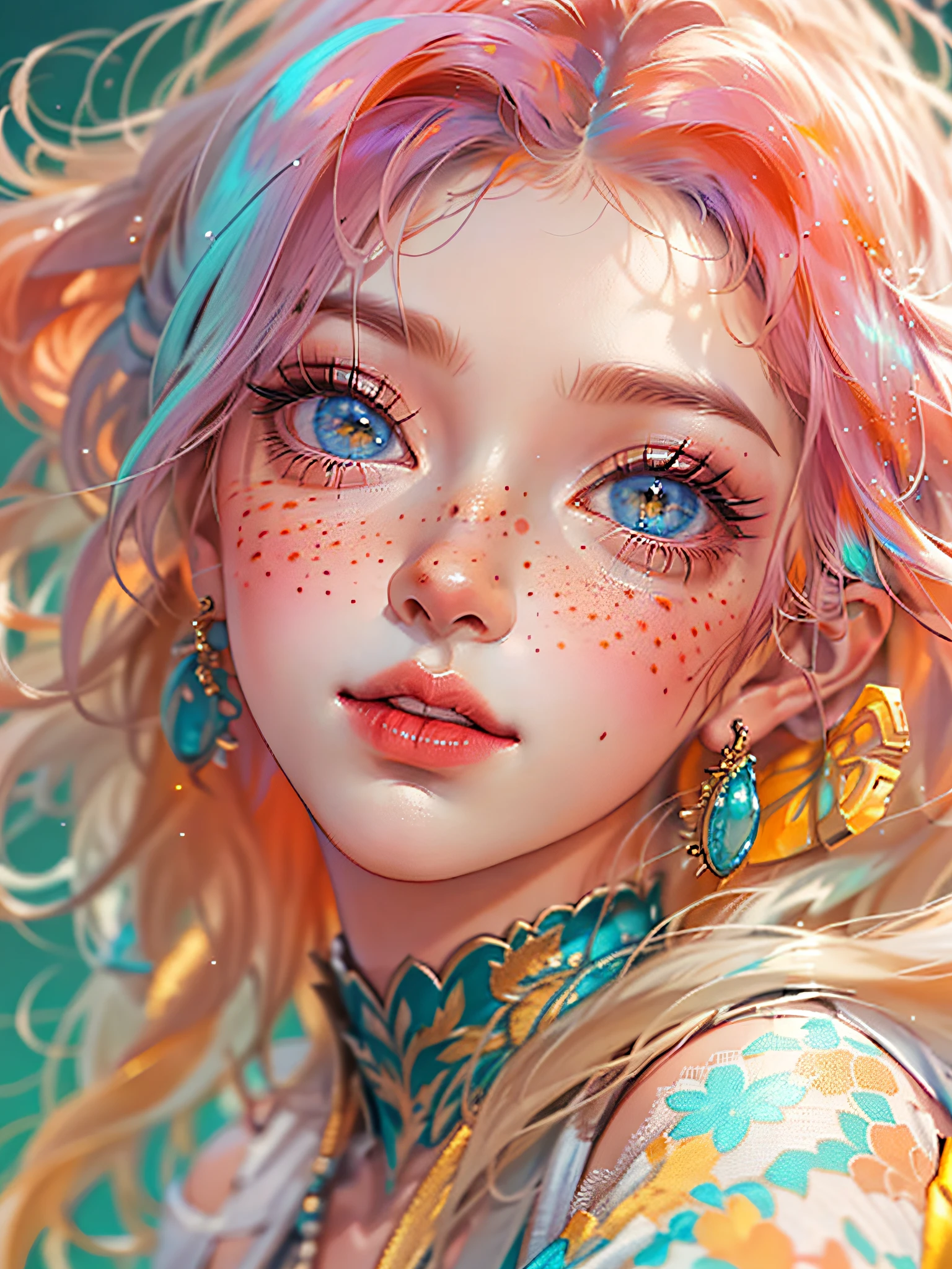 ((ultra detailed)),((Bright eyes)), (Detailed eyes) , 8k, blink blink, (The Little Faux Freckles Makeupgirl), ((realistic skin)), ((focus detailed 2 straps on the shoulders of dress)) , ((shiny facial skin)), with colorful hair and a colorful dress, rossdraws pastel vibrant, rossdraws cartoon vibrant, style anime 8k, beautiful portrait, artgerm colorful!!!, ! dream artgerm, beautiful anime girl, styled digital art, art wallpaper 8k, digital art, extremely detailed artgerm,