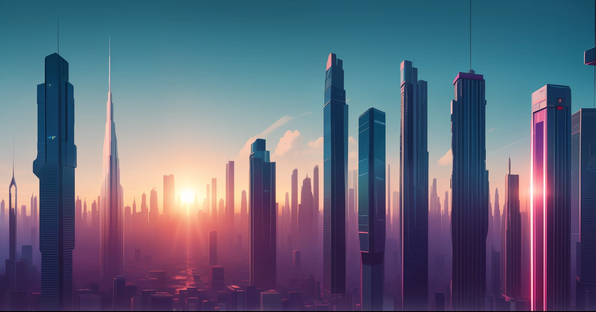 Bright city skyline,Skyscrapers and bright sunshine, synthwave city, style hybrid mix of beeple, artgem and beeple masterpiece, recusion beeple, in the style of beeple, beeple!!, beeple colors, cinematic beeple, Inspired by Beeple, beeple | --auto