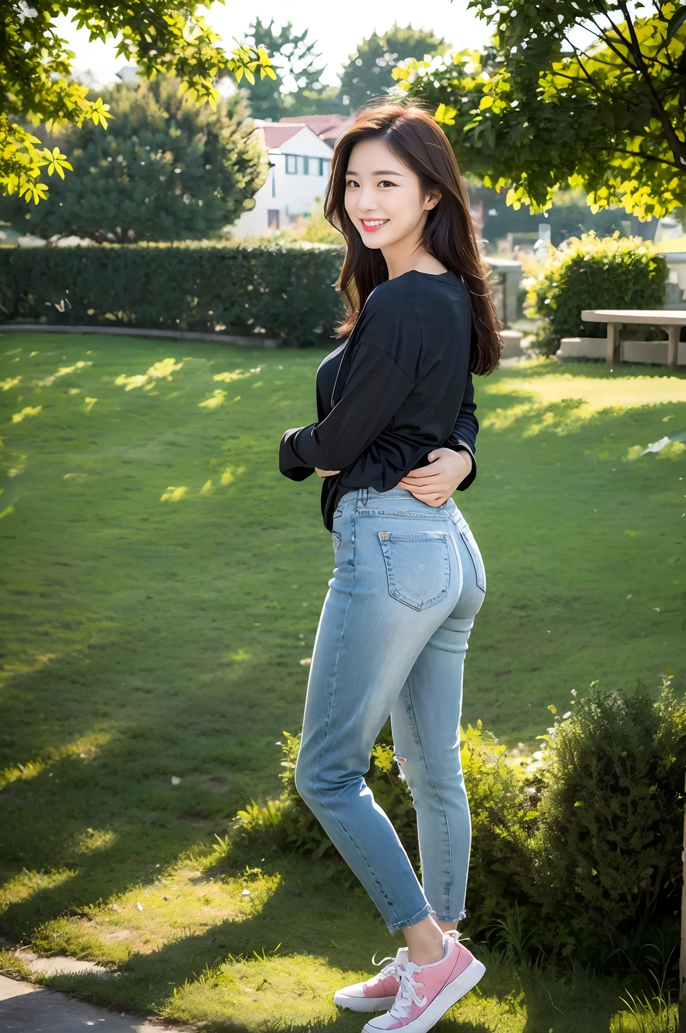 (RAW photogr,超高分辨率,tmasterpiece,best qualtiy:1.4),Complicated details,2 20 year old Korean girl,Wear a loose black T-shirt and skinny jeans,Stand on the grass and take pictures,hugs,Intimate relationships,Detailed meadow,A sweet smile on a small face,The face and skin are pink and fair,Ultra-realistic facial details,Playful and coquettish pose,The calves are straight and slender:1.5,Wear high-end branded colorful travel shoes:1.5,eventide,warm color,Broad lighting,naturalshadow,Shoot from the back,Beautiful waist and hips,taking a full body photo:1.8