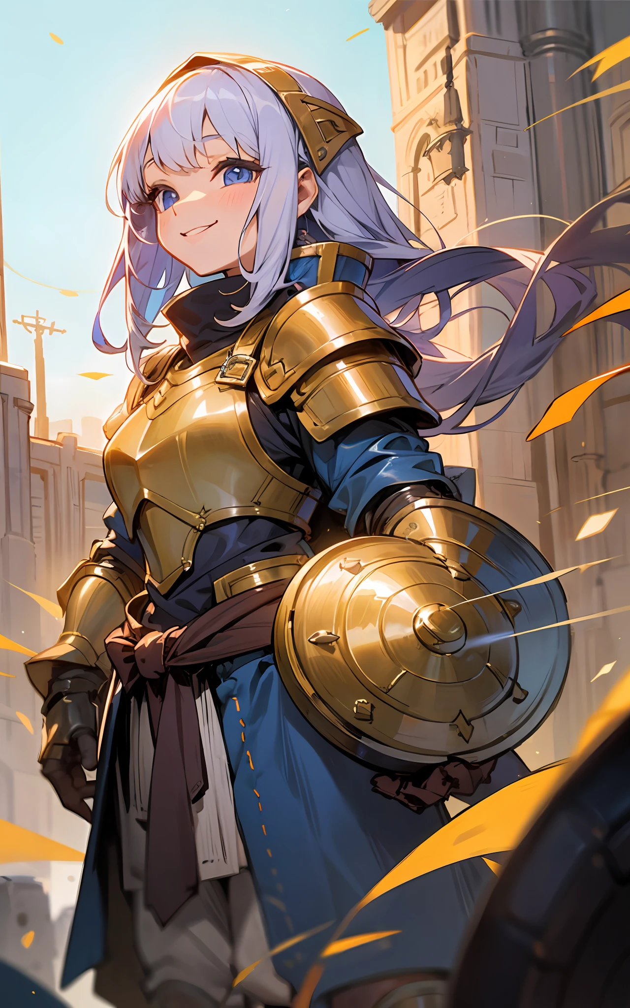 "(cute dwarf girl), in full set of heavy armor with a cheerful smile"