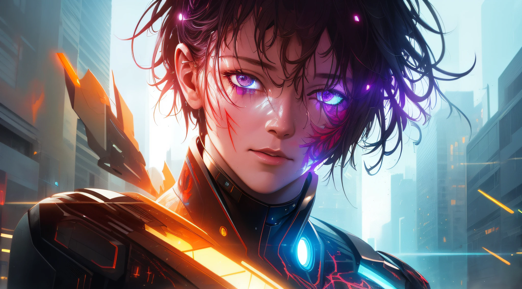 a cyborg robot, lights, scars, refractions, posing, ultradetailed, HD, 8K, highlights, good lighting, the most amazing effect, sci-fi,((art by carne griffiths and sean yoro))