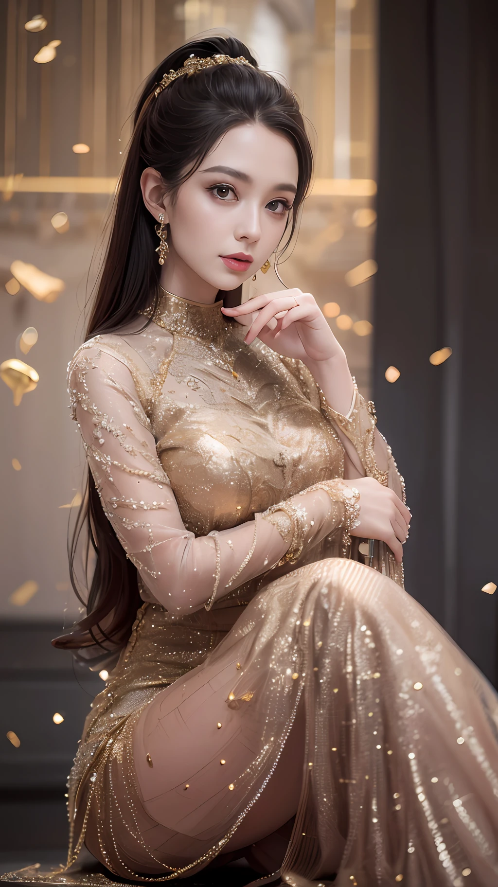 Noble royal sister,Royal sister style,tmasterpiece,(Noble and sexy evening dress), Slender legs, 8 k hd wallpaper ,Delicatemakeup ,delicated face ,The most beautiful face,closeup of face,High cold temperament,eyes with brightness,Smooth and delicate skin,The skin glows,Delicate velvet stockings ,high-heels ,Exquisite and gorgeous costumes,Gold tones,Luxurious and detailed background,Very detailed details,HighDynamicRange,Ray traching,NVIDIA RTX,Hyper-Resolution,Unreal 5,sub surface scattering,PBR Texture,Post-processing,Anisotropic filtering,depth of fields,Maximum clarity and sharpness,Many-Layer Textures,Albedo e mapas Speculares, Surface coloring,Accurate simulation of photo-material interactions,perfectly proportions,rendering by octane,twotonelighting,Low ISO,White balance,trichotomy,largeaperture,8K original,High-Efficiency Sub-Pixel,filmgrain,Luminous Particle,full bodyesbian,Faraway view,sneak shot,Golden section。