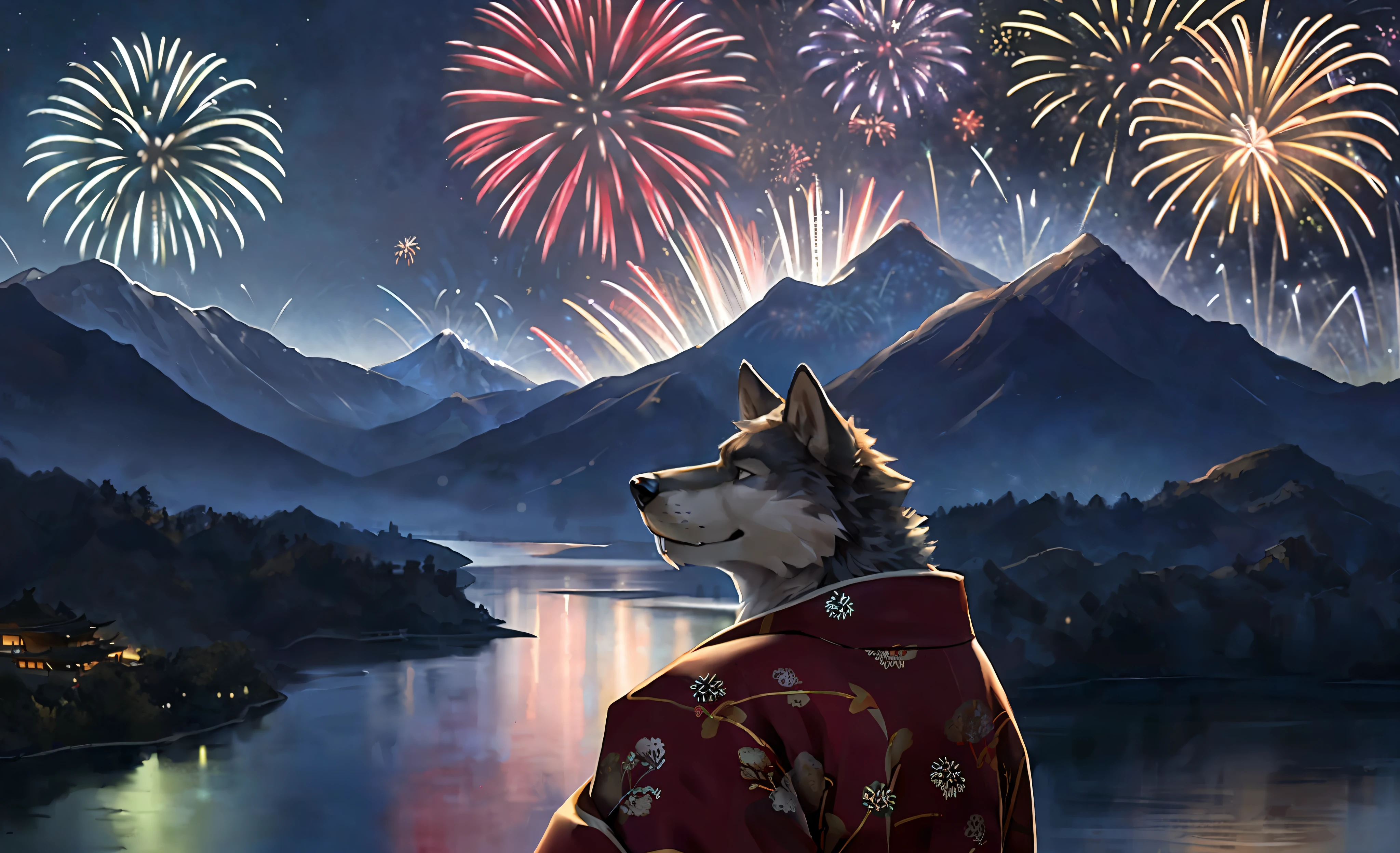 (best quality:1.2), (masterpiece:1.1), (ultra-detailed illustration:1.2), (cowboy shot),(side view),looking up to the sky, bloom effect,ultra detailed face,from above,kemono,1male,anthro (wolf), solo, middle-aged, gray fur,muscular,big biceps, black (beard),standing, smile, fangs out,(print kimono),east asian architecture:0.35), ((fireworks)),night sky, ancient japan, no modern buildings, beautifil and aesthetic, dreamy, dark and blurred valley landscpae,detailed background, mountain, night sky, happy, stars, moon, soft shadow, warm illumination, bloom, contrast,light against dark reflection,obi, cinematic, dramatic light,wide dynamic range,8k, hdr, low light:1.2, by Pino Daeni, (by ruaidri), by virtyalfobo