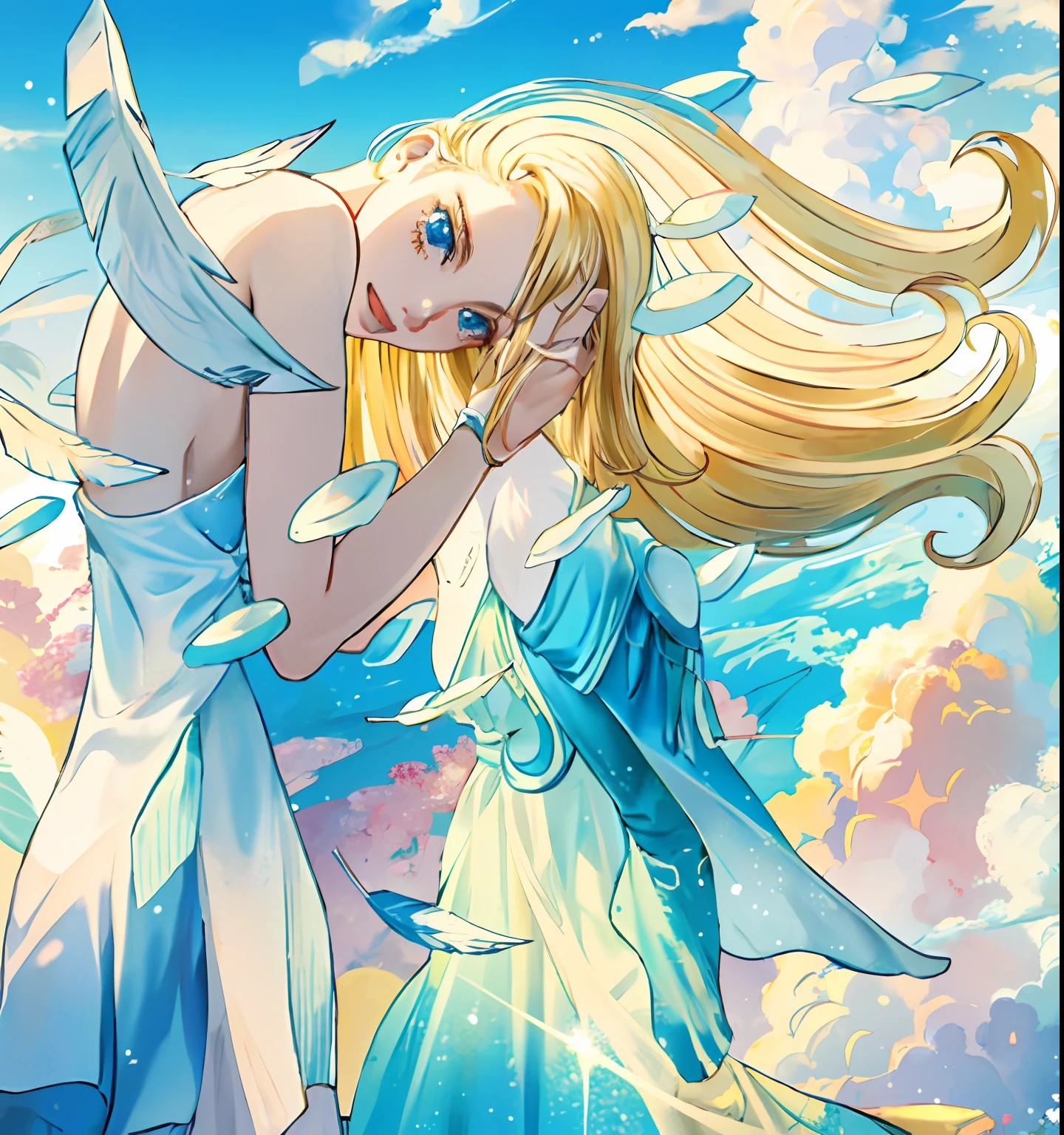 (1 girl), (obra-prima), best-quality, Anime, colorido, cores vibrantes, Artistic style, fantasia, realista, em paisagem surreal, foco nítido, angelical, alta resolução, cabelos loiro, blond hair