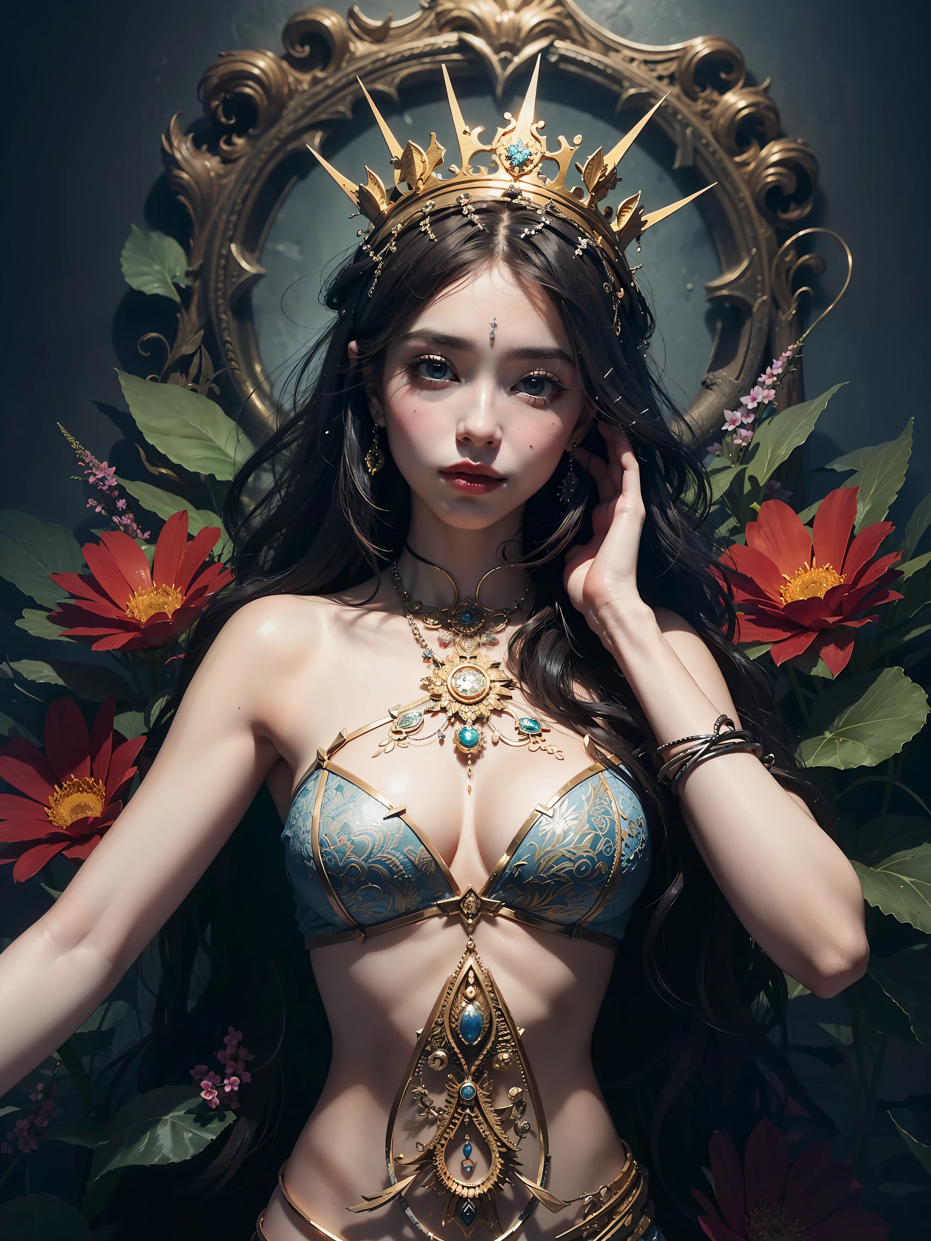 official art, unity 8k wallpaper, ultra detailed, beautiful and aesthetic, beautiful, masterpiece, best quality, (zentangle, mandala, tangle, entangle), (ecstasy of flower:1.2) dynamic angle, cowboyshot, the most beautiful form of chaos, elegant, a brutalist designed, vivid colours, romanticism, atmospheric, action pose, queen
