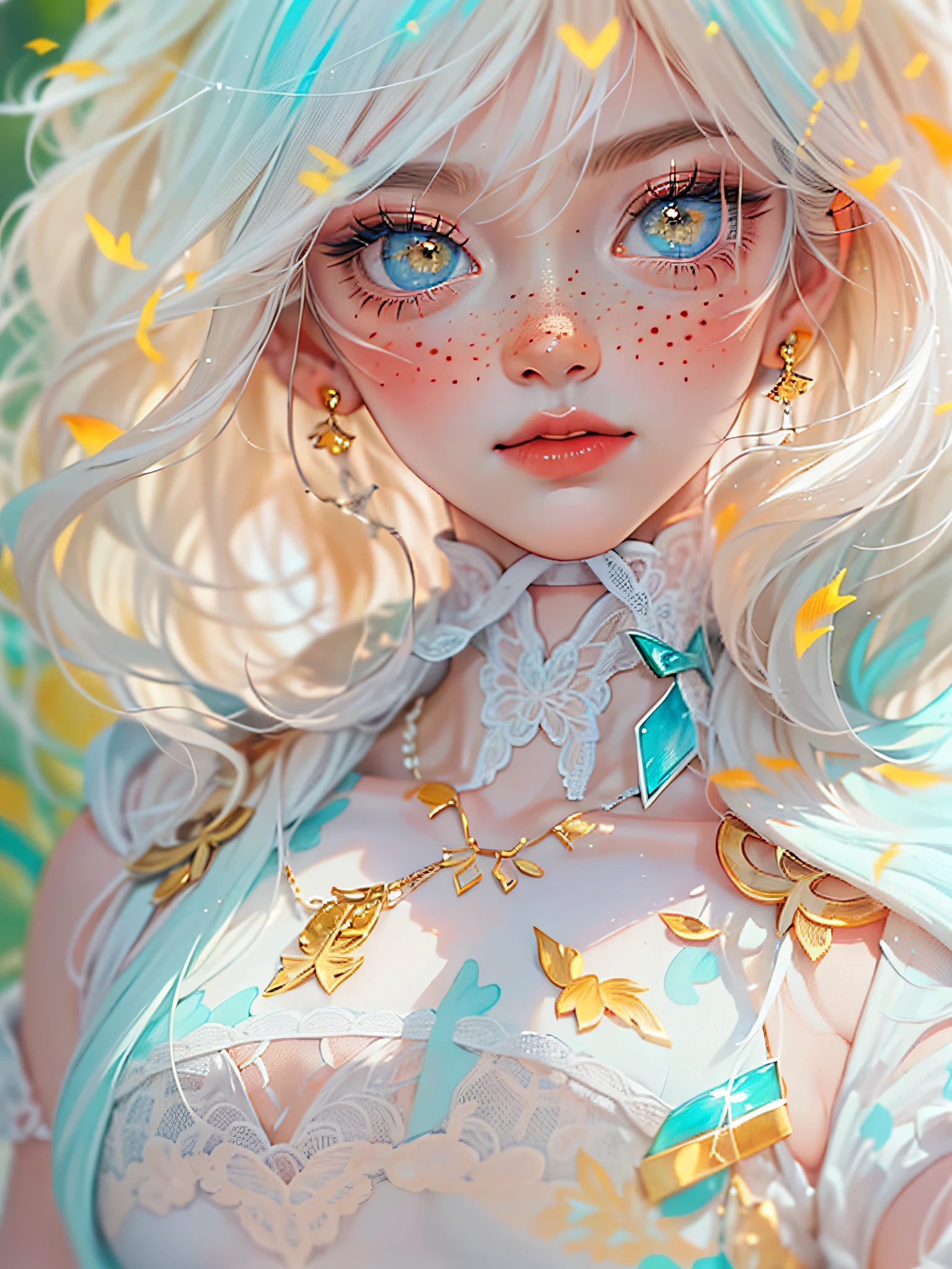 ((ultra detailed)),((Bright eyes)), (Detailed eyes) , 8k, blink blink, (The Little Faux Freckles Makeupgirl), ((realistic skin)), ((focus detailed 2 straps on the shoulders of dress)) , ((shiny facial skin)), with colorful hair and a colorful dress, rossdraws pastel vibrant, rossdraws cartoon vibrant, style anime 8k, beautiful portrait, artgerm colorful!!!, ! dream artgerm, beautiful anime girl, styled digital art, art wallpaper 8k, digital art, extremely detailed artgerm,