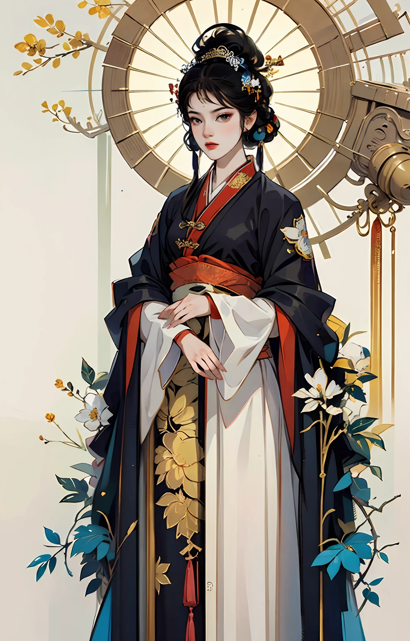 one-girl， Ancient Chinese clothing， rays of sunshine， Clear face， Clean white background， tmasterpiece， super detailing， Epic composition， hyper HD， high qulity， extremely detaile， offcial art， Uniform 8K wallpaper， super detailing， 32k -- v 6，Black clothes，Black hair，red color eyes ，Grim expression， --auto