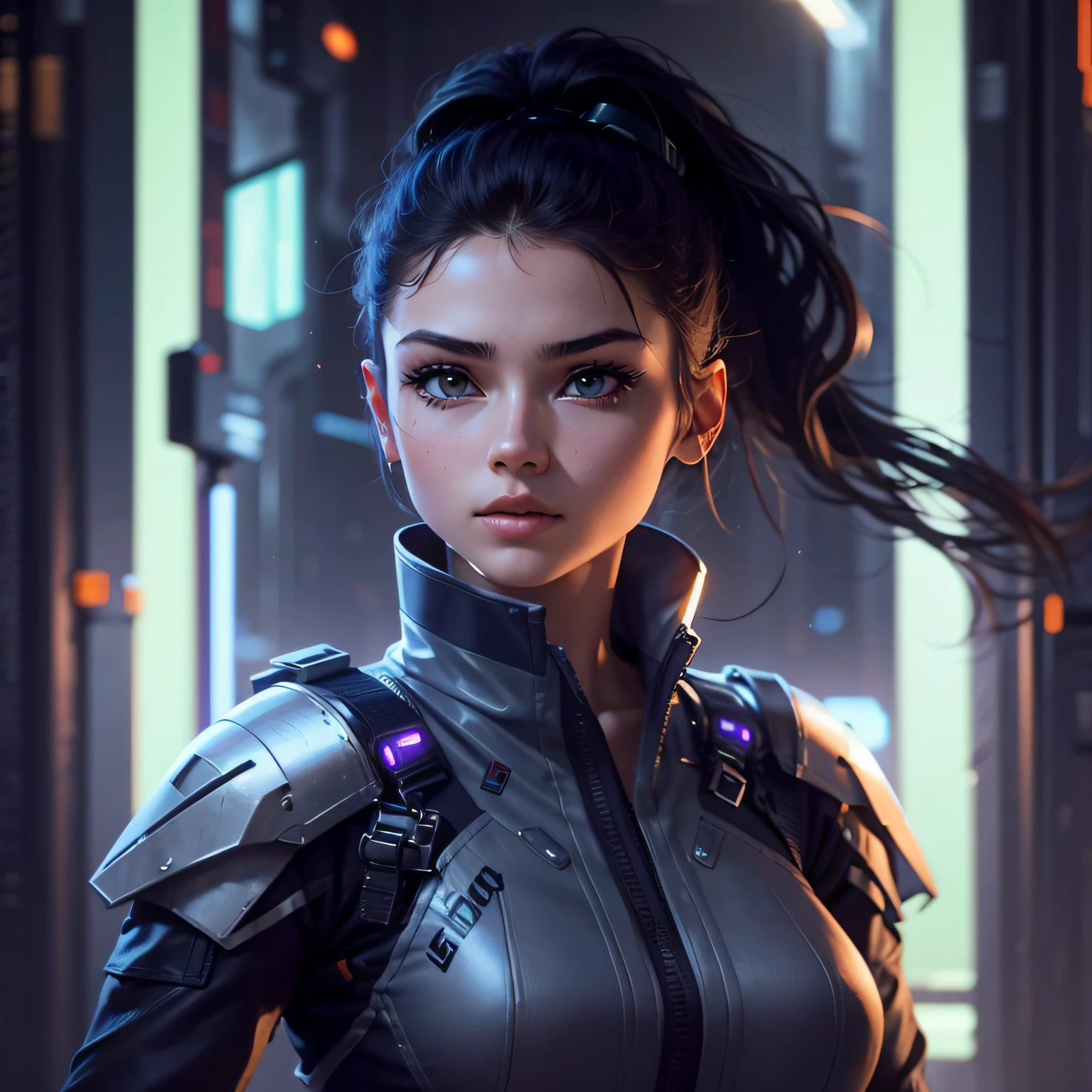 Young beautiful girl in tight sci-fi uniform, Slim figure，Slim figure, Whole body, Stand up your hair, Female Warrior