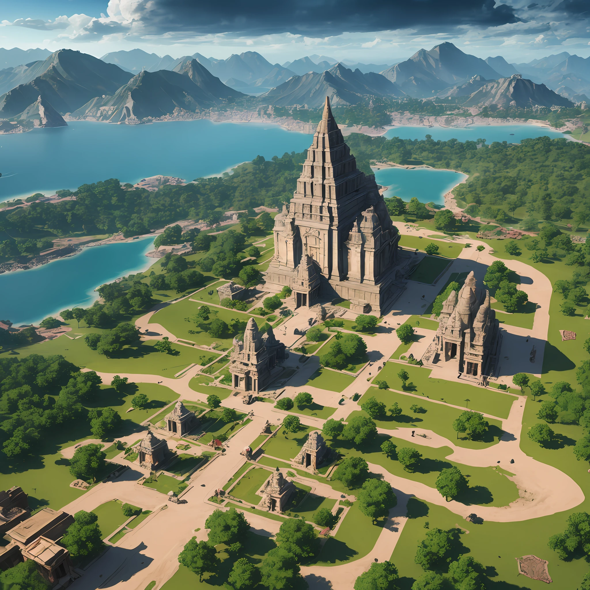 aerial view,Ancient Golden "Indian" City Civilization with Grid system, Majestic Temple amd dozens of Royal Houses made of gold metal,Unreal engine 5,by the sea shore , indian architecture, Hinduism and Buddhism Style,Misty,Mysterious,Flimy., Dramatic lighting, beautiful sky.