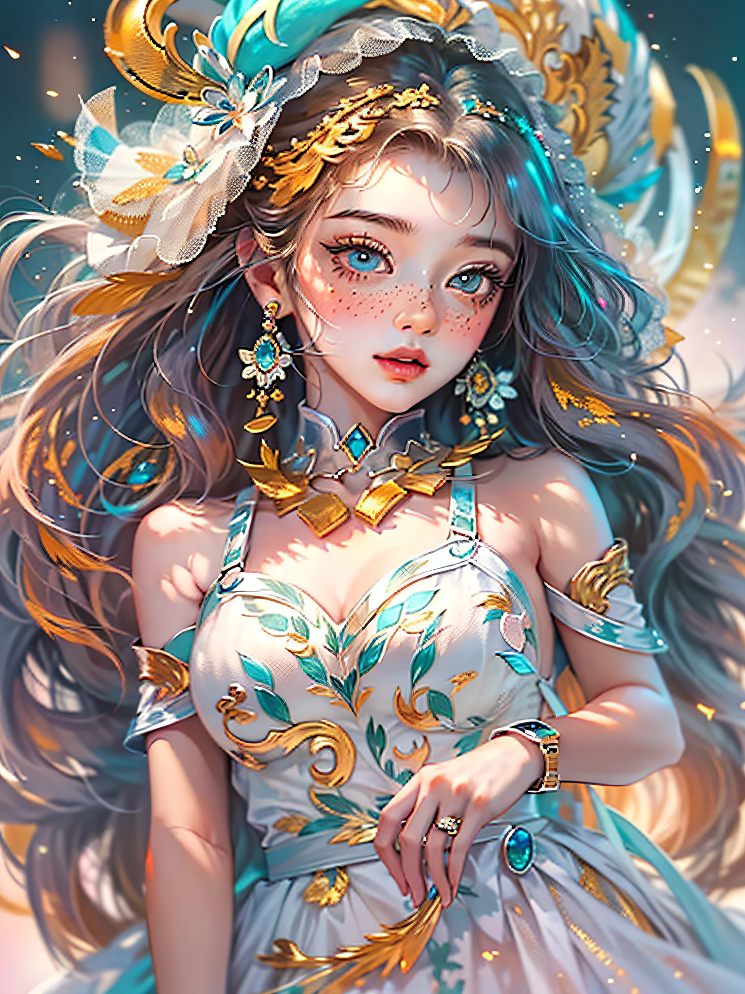 ((ultra detailed)),((Bright eyes)), (Detailed eyes) , 8k, blink blink, (The Little Faux Freckles Makeupgirl), ((realistic skin)), ((focus detailed 2 straps on the shoulders of dress)) , ((shiny facial skin)), with colorful hair and a colorful dress, rossdraws pastel vibrant, rossdraws cartoon vibrant, style anime 8k, beautiful portrait, artgerm colorful!!!, ! dream artgerm, beautiful anime girl, styled digital art, art wallpaper 8k, digital art, extremely detailed artgerm,