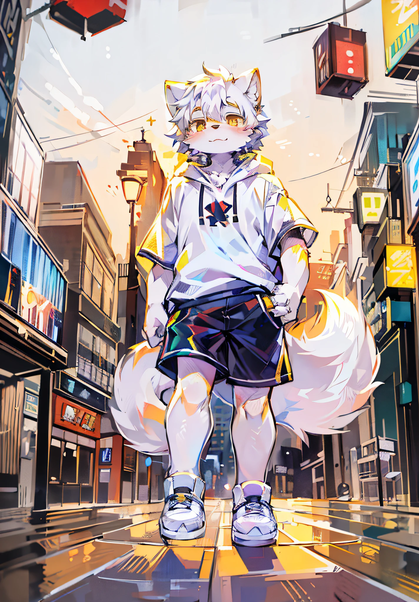 Bright environment:0.8),Masterpiece,High quality,abstract res,Digital painting\(artwork of a\), by Dagasi, Yupa,Kiyosan,(anthro,Fluffy fur,Character focus:1.1),anthro male dog,Short hair,Portrait , eyes with brightness, in a panoramic view, Character focus.(detailedbackground:Large cities Daytime 0.7), 独奏, shaggy, shaggy male, malefocus, ,(Full Body Furry, Fluffy tail, White fur,adolable ,Yellow cross star eyes, Short black hair:1.2), (long canines、samoyed dog、White hooded T-shirt、white ultra short pants、White shoes、White ears、White hair all over the body:1.2),(,time square:1.1