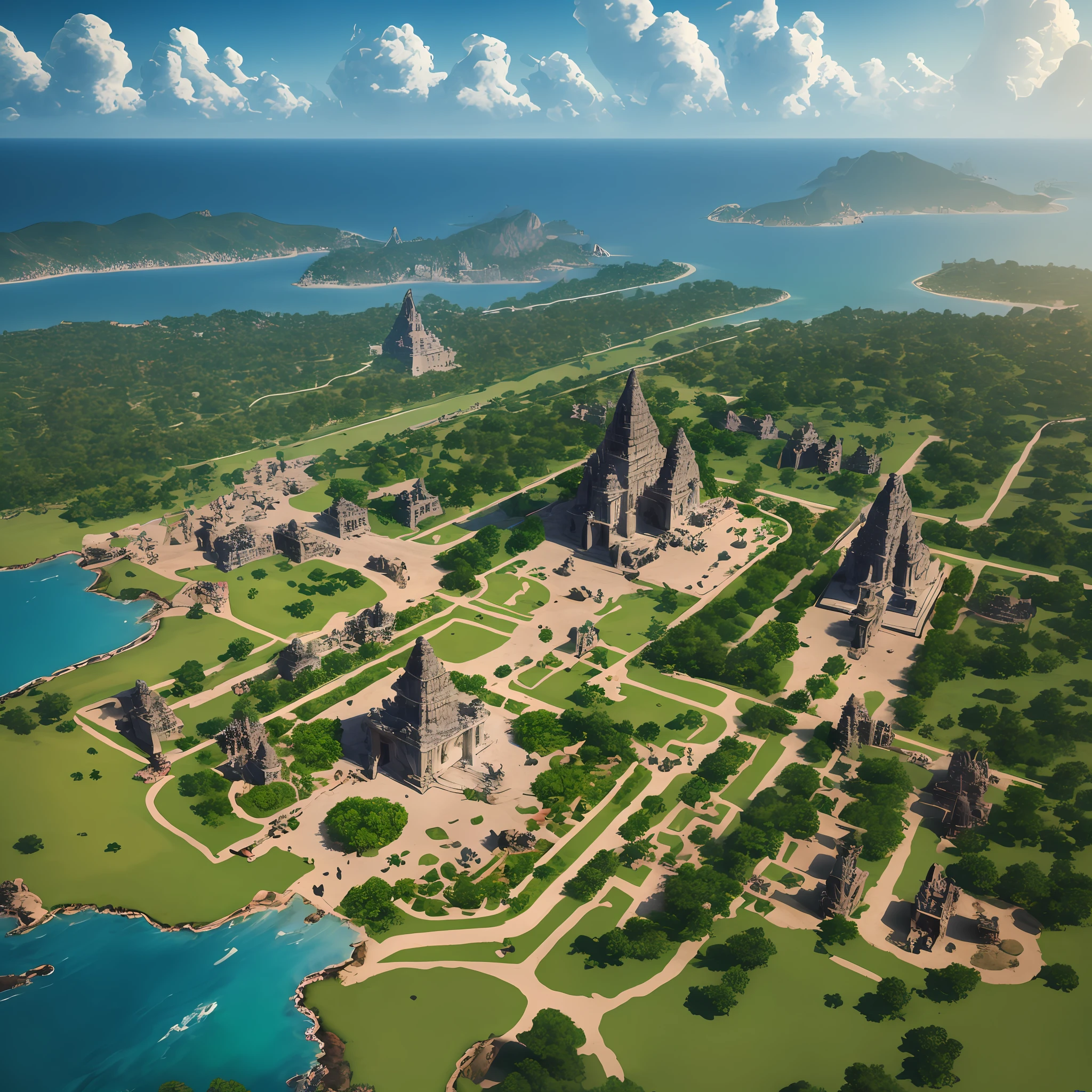 aerial view,Ancient Golden "Indian" City Civilization with Grid system, Majestic Temple amd dozens of Royal Houses made of gold metal,Unreal engine 5,by the sea shore , indian architecture, Hinduism and Buddhism Style,Misty,Mysterious,Flimy., Dramatic lighting, beautiful sky.