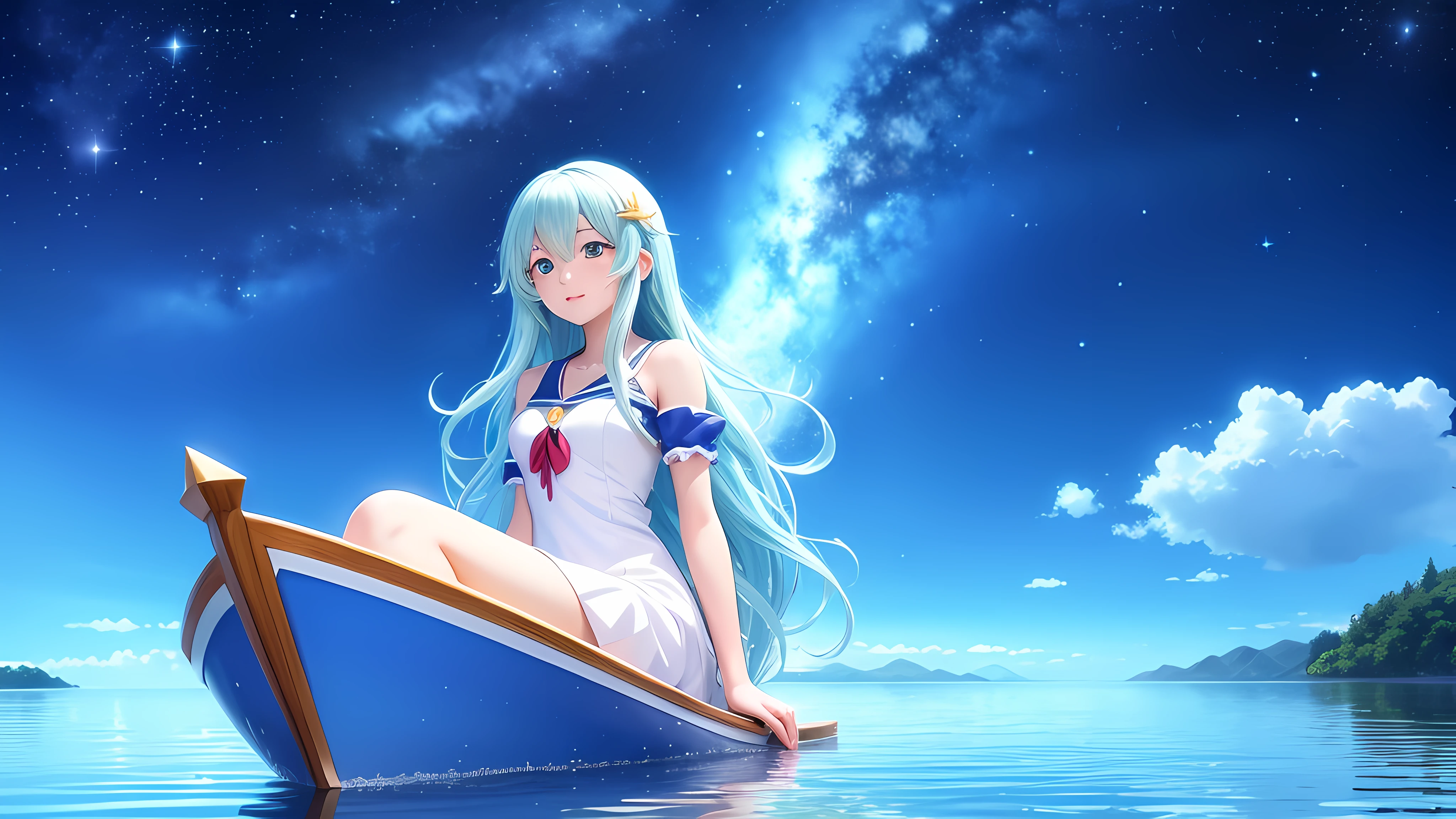 anime girl sitting on a boat in the middle of a lake, anime beautiful peace scene, ethereal anime, tranquility of the endless stars, wallpaper anime blue water, beautiful fantasy anime, anime background, beautiful anime scene, anime girl walking on water, magical dream-like atmosphere, beautiful anime artwork, anime picture, anime background art, beautiful anime, anime fantasy illustration