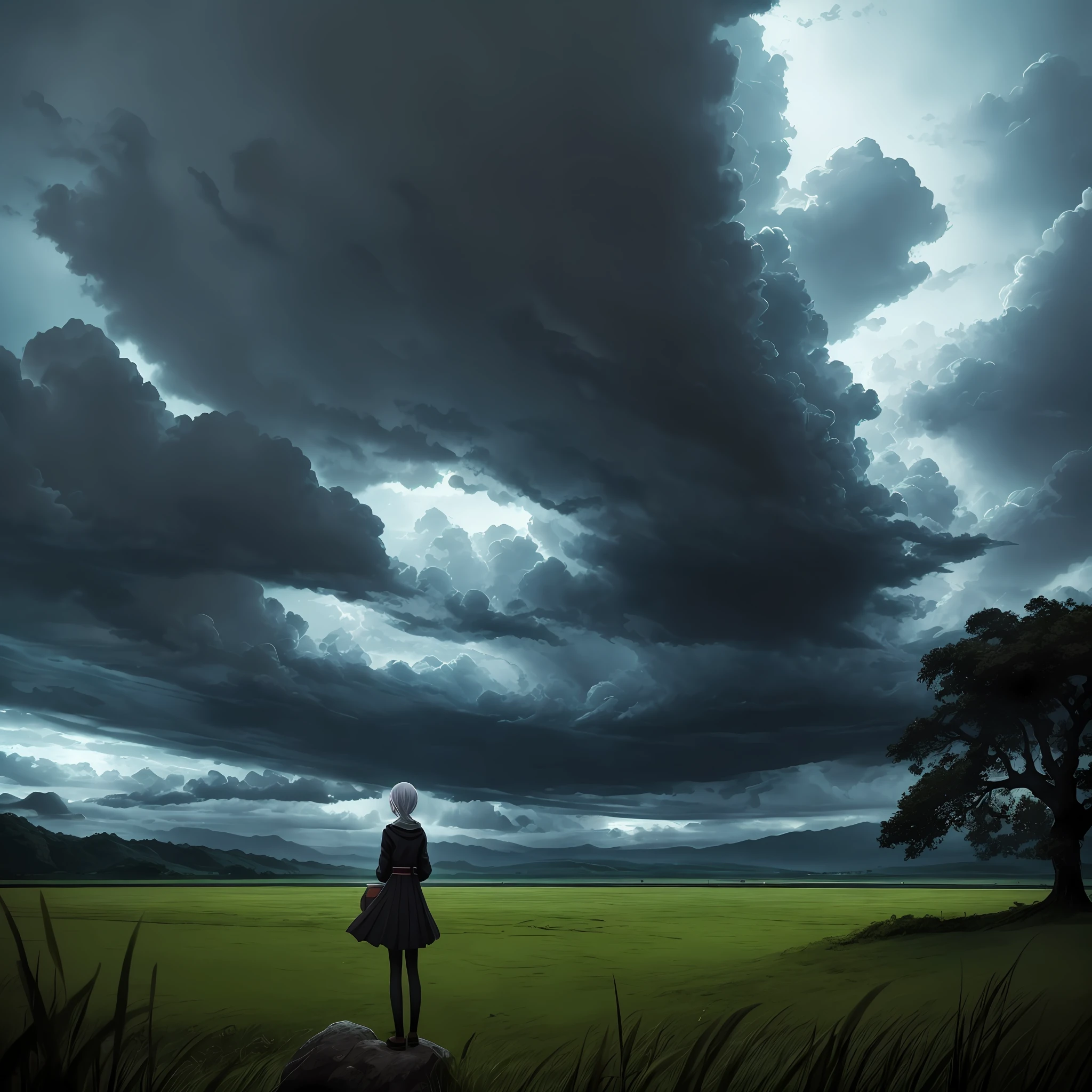 A beautiful anime girl with a slender figure and a melancholic expression, standing on a piece of lush green land, amidst wild and swirling stormy weather --auto