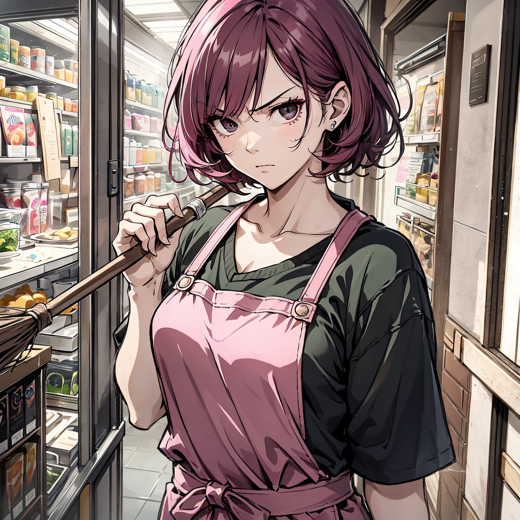 Ridiculous resolution,A high resolution,(tmasterpiece:1.4),Hyper-detailing,pink short hair, 1 middle-aged woman,, Solo, Black eyes, house wife,aprons, Take a broom,angry look