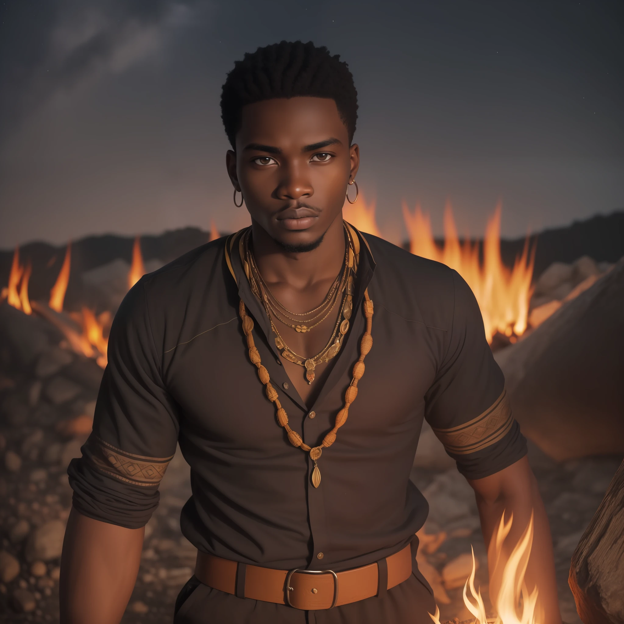 "Young man of African ethnicity, tense climate, dark night, incredible campfire, mysterious shadows, striking facial expression, traditional dress, structure of the highlighted objects, warm and dark tones, marked and detailed textures."