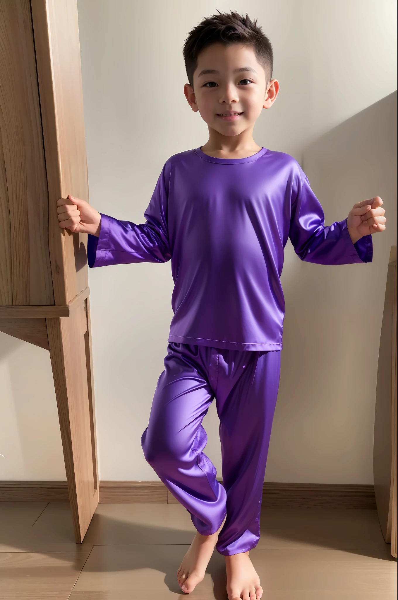Best quality, best image quality, highest resolution, super detailed, 1boy, 10 year old, wearing satin pajamas, the material of satin pajamas is shiny, soft and smooth to the touch, no underwear, Japan fashion model, full body shooting so that the face is also entered, the subject is alone,