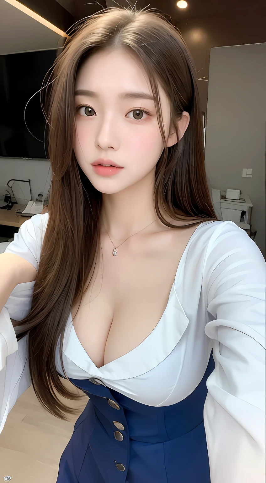 perfect figure beautiful woman：1.4，Layered Hair Style，Protruding cleavage：1.2，Nurse's uniform：1.5，Highly Detailed Face and Skin Textur，二重まぶた，Whiten the skin，long whitr hair