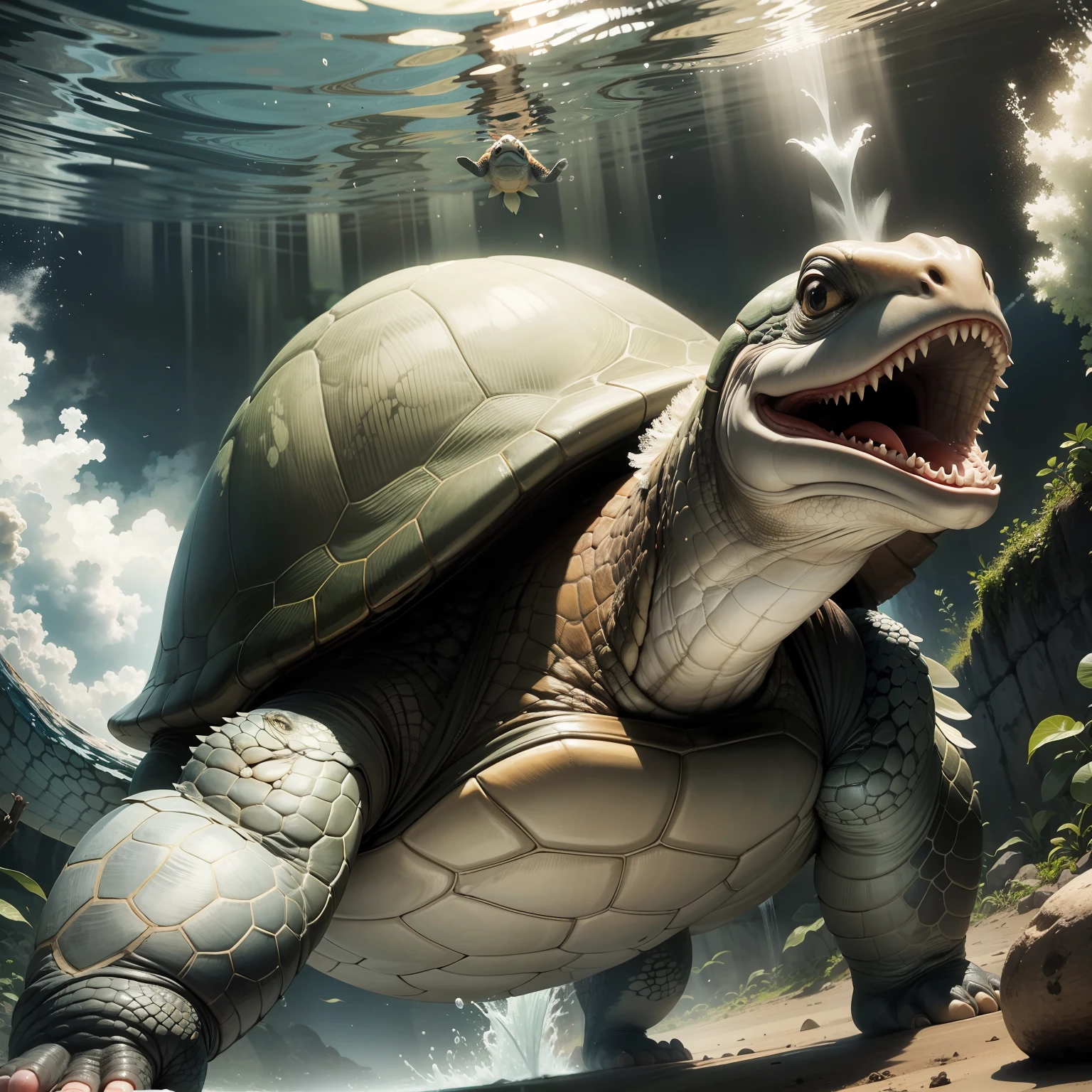 Turtle,Huge size,open open mouth,Exposed in water, --auto